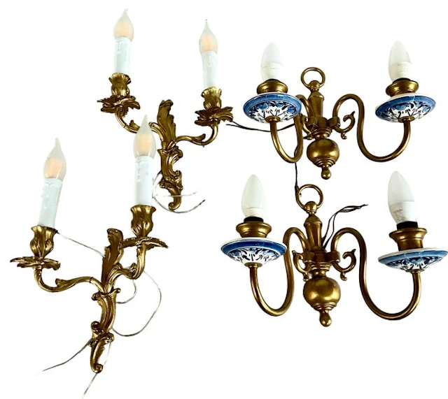 Wall sconce (4) - Brass, Porcelain, Bronze