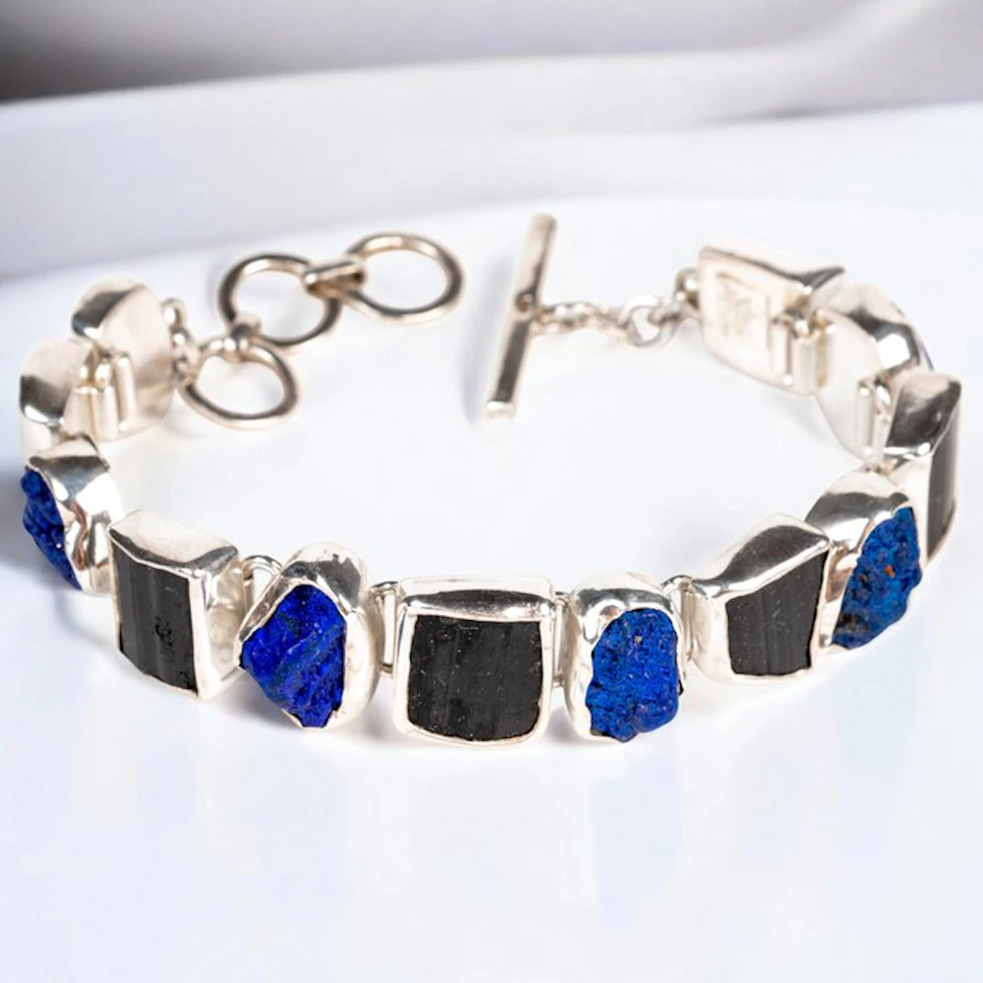 Silver Bracelet with Azurite from the Ural Mountains and Black Tourmaline