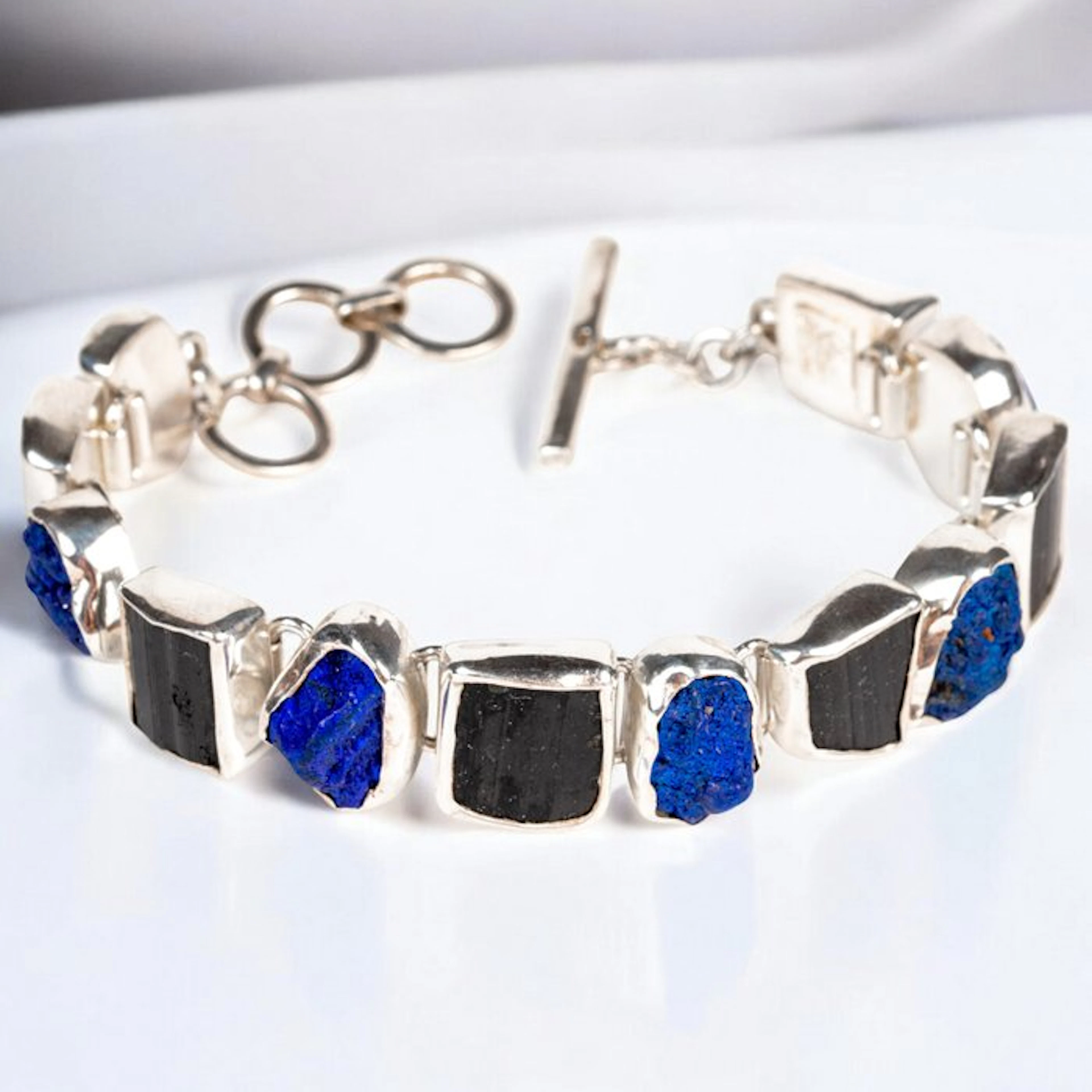 Silver Bracelet with Azurite from the Ural Mountains and Black Tourmaline