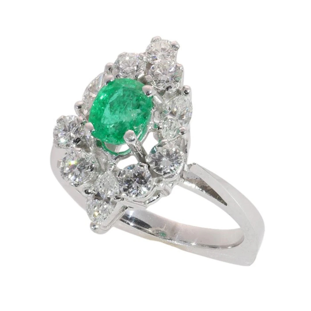Ring - 18 kt. White gold - Diamond - Vintage Emerald