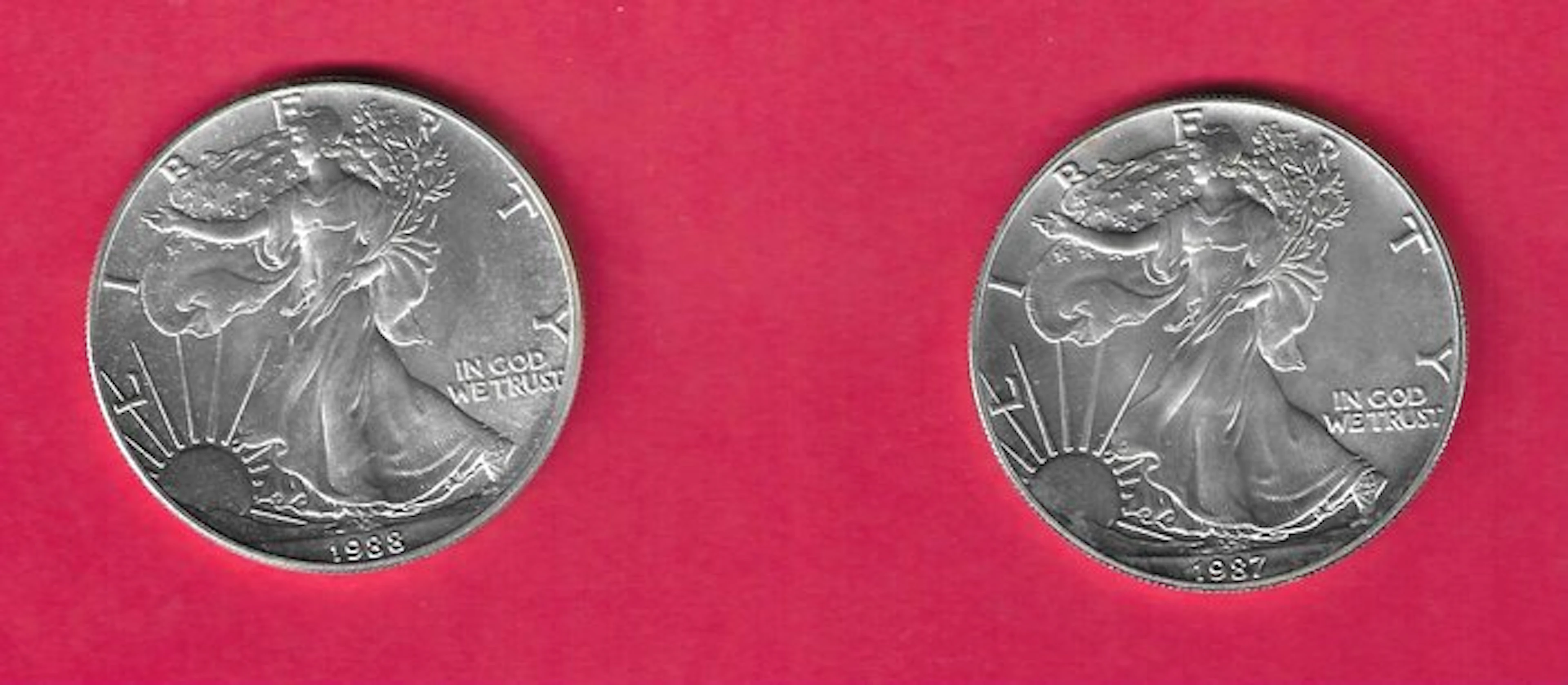 United States. 1 Dollar 1987/1988 Walking Liberty (2 coins) (No reserve price)