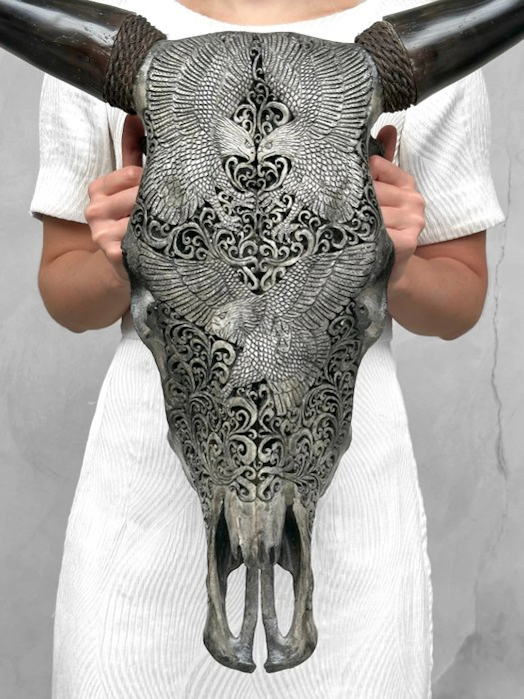 Authentic Large White Hand-Carved Bull Skull - A Flock of...