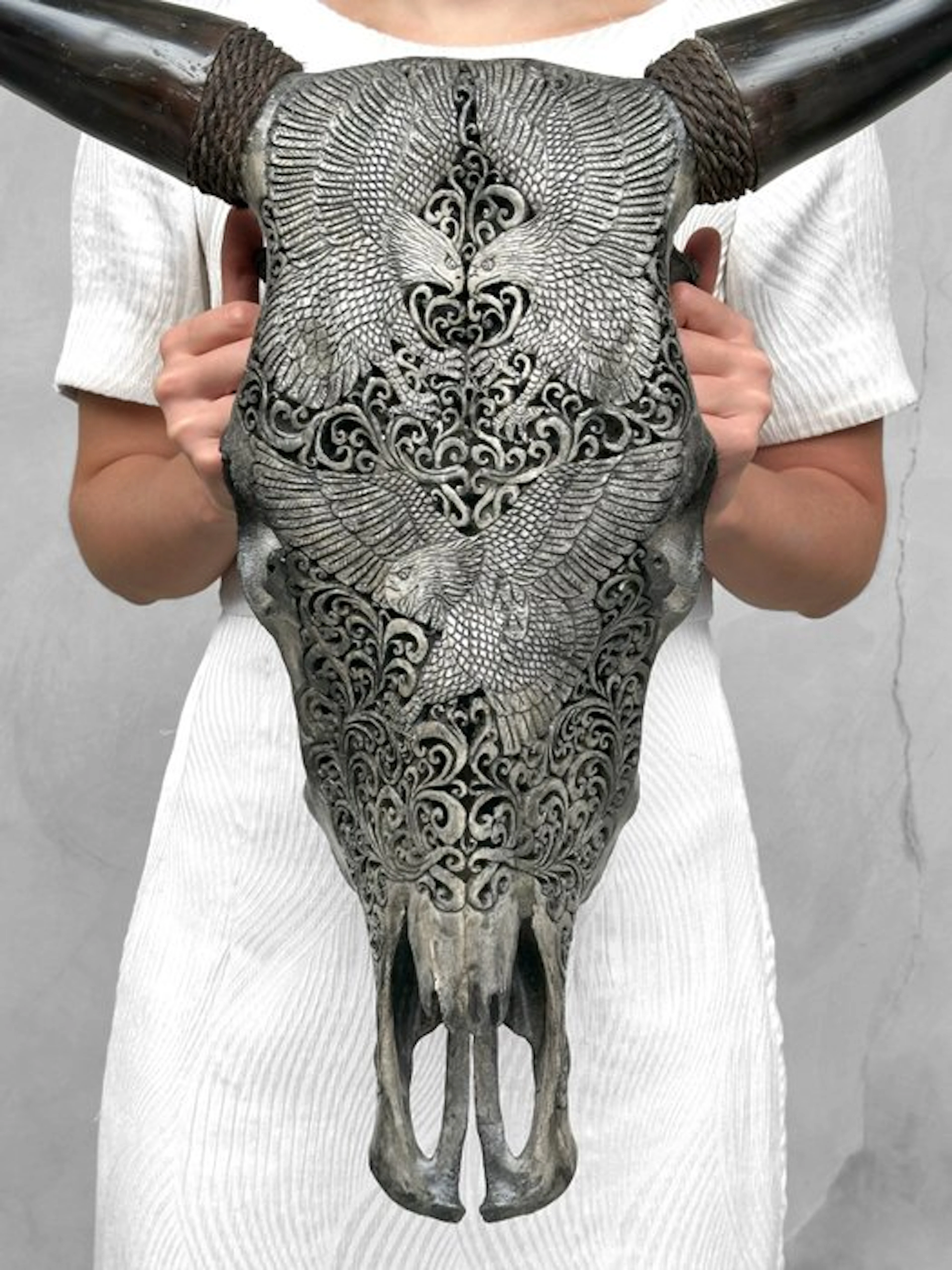 Authentic Large White Hand-Carved Bull Skull - A Flock of...