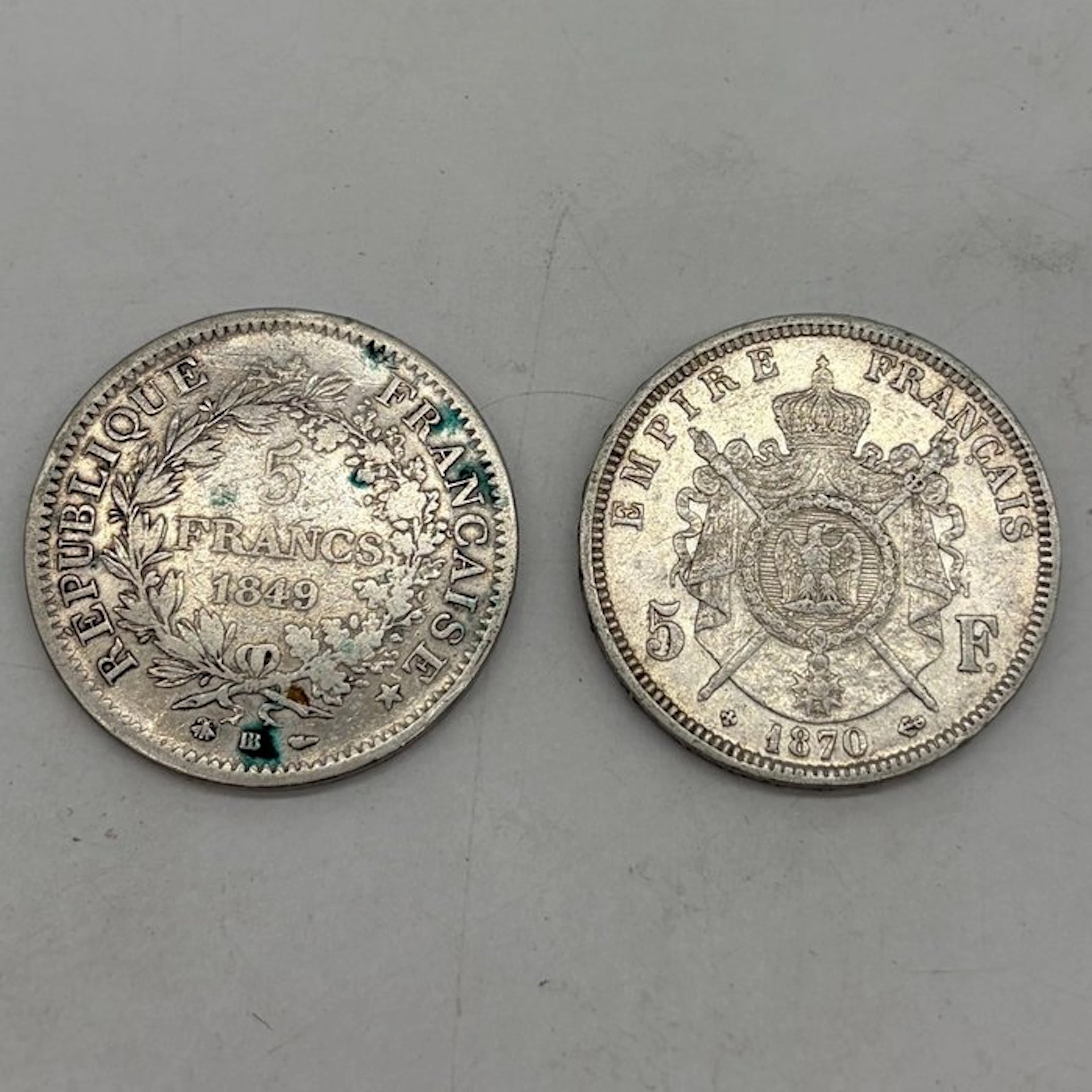 France. 5 Francs 1849-BB et 1870-BB (lot de 2 monnaies en...