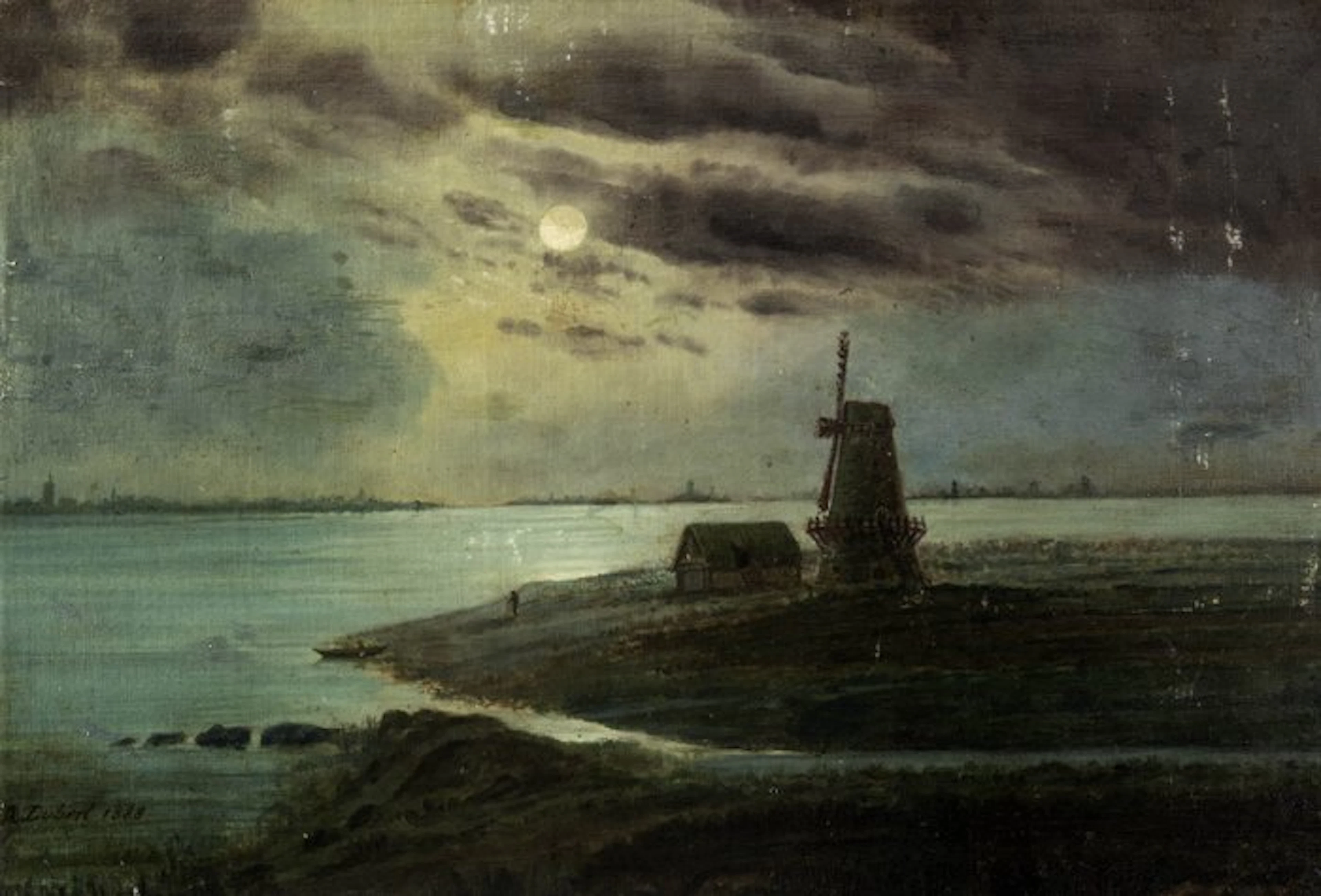Scuola francese (XIX), firmato A. Lubert - Marina notturna al chiaro di luna