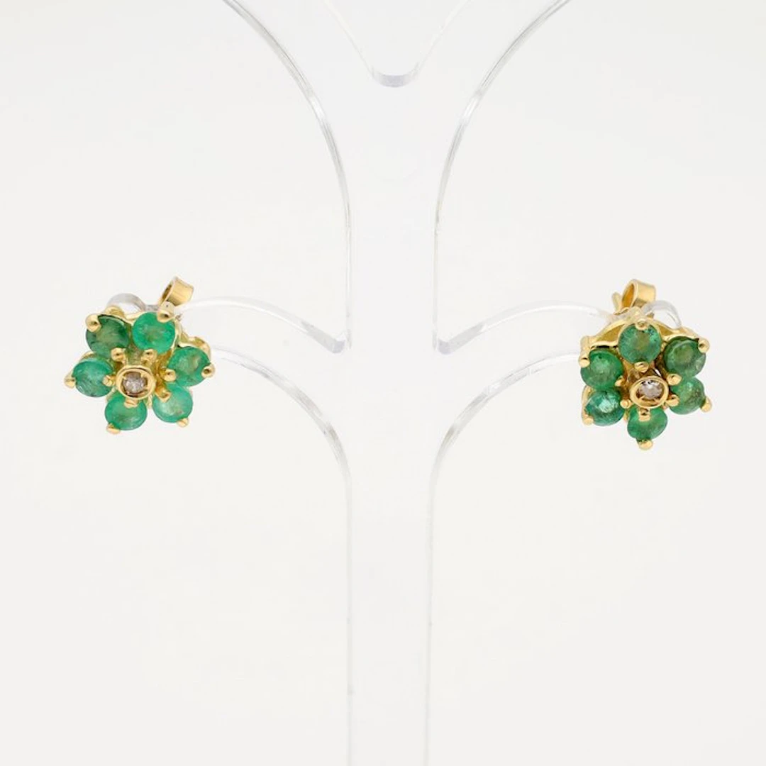 Earrings - 18 kt. Yellow gold - Diamond - Emerald