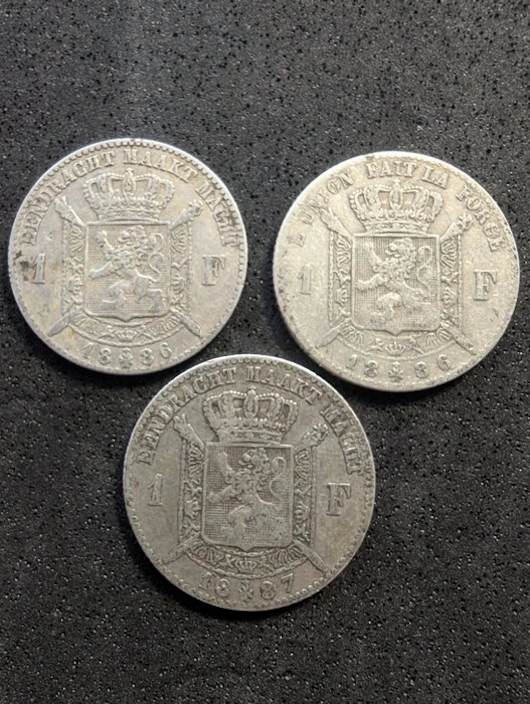 Belgium. Leopold II. 3 x 1 Franc diferentes 1886-87 (No reserve price)