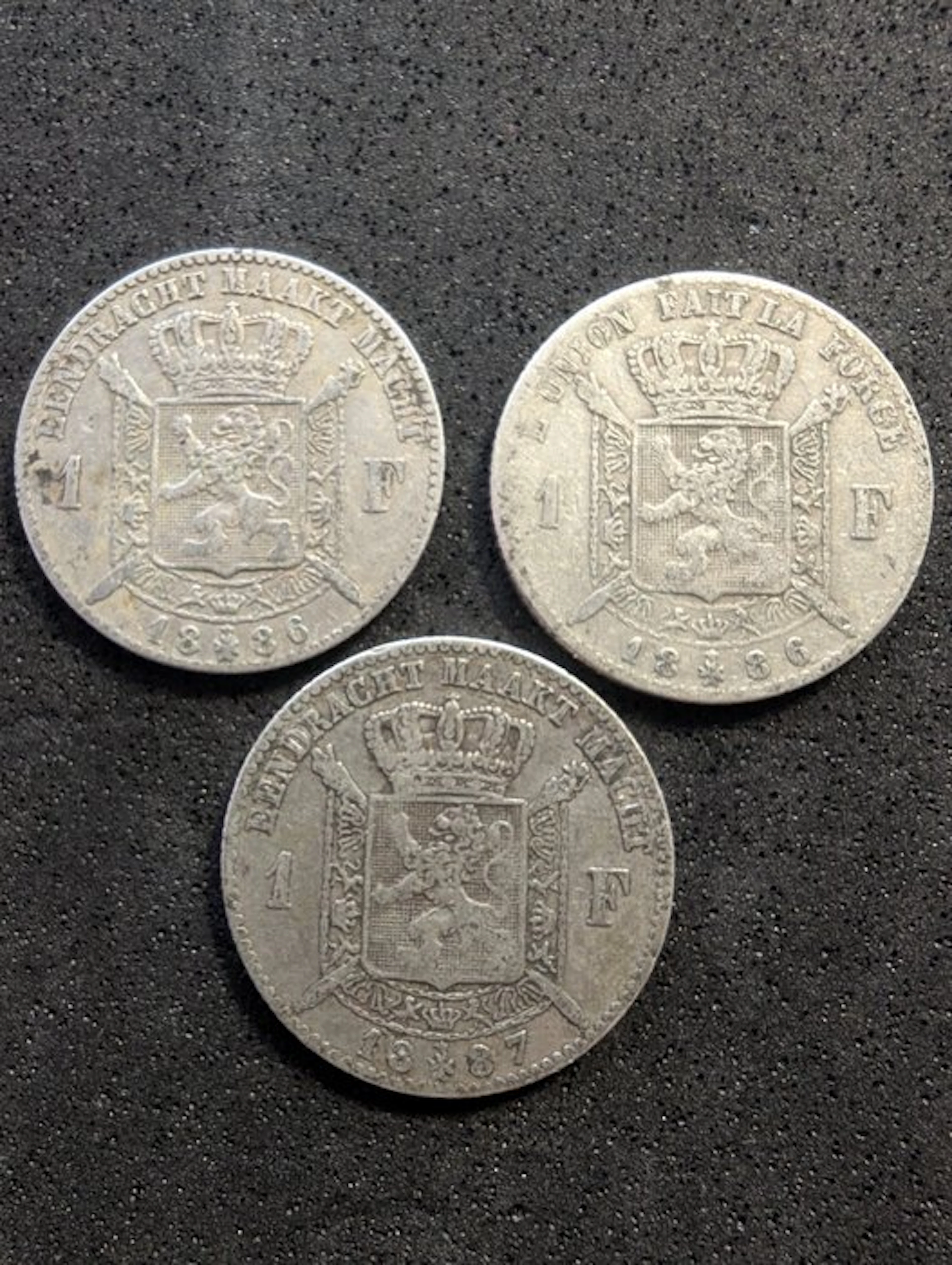 Belgium. Leopold II. 3 x 1 Franc diferentes 1886-87 (No reserve price)