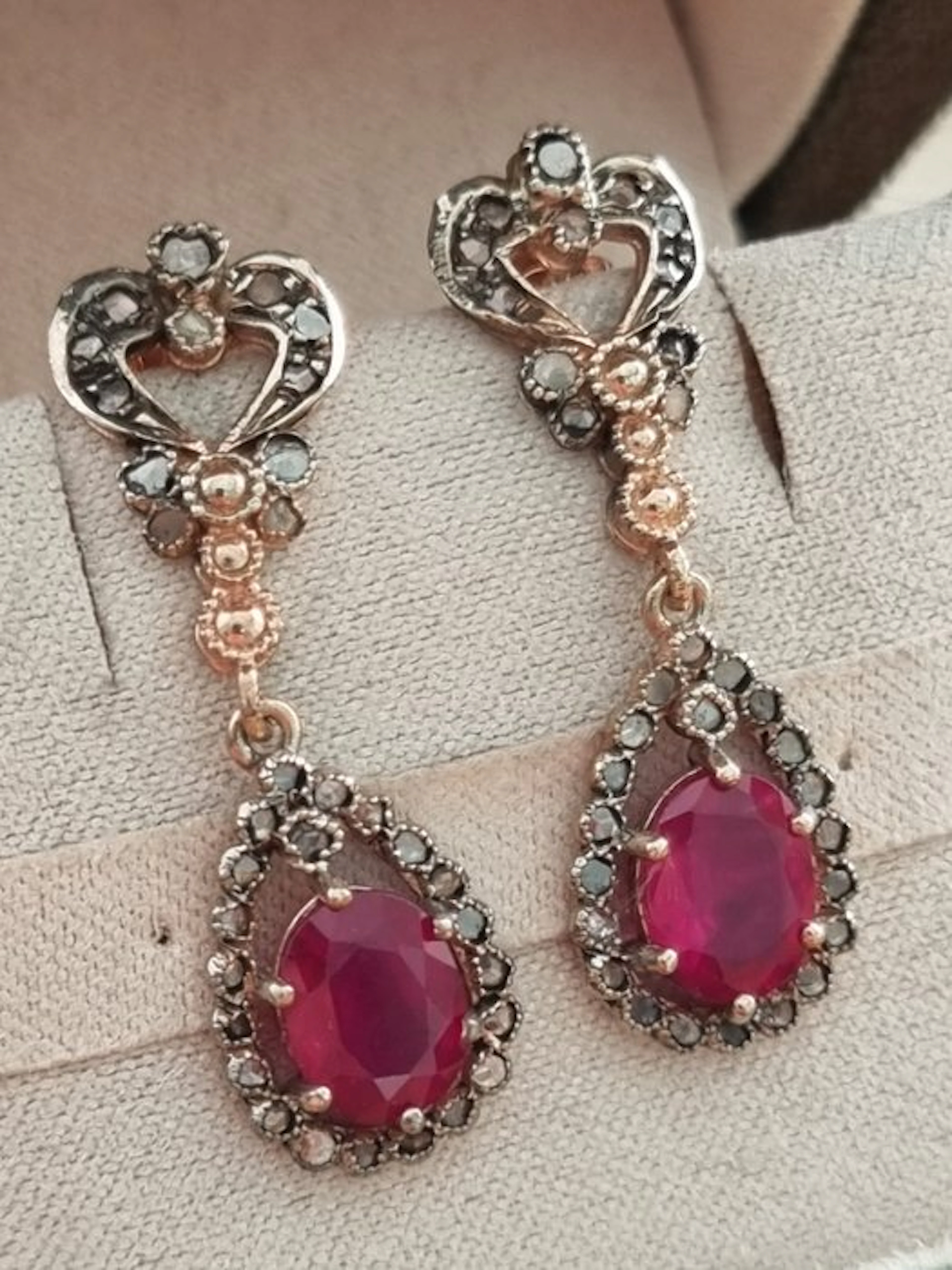No reserve price - Earrings - 9 kt. Silver, Rose gold Ruby - Diamond