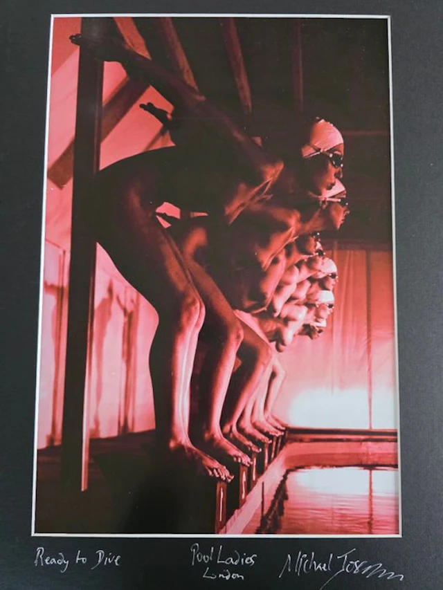 Michael Joseph (1941-) - Pool ladies ready to dive, red-toned test print