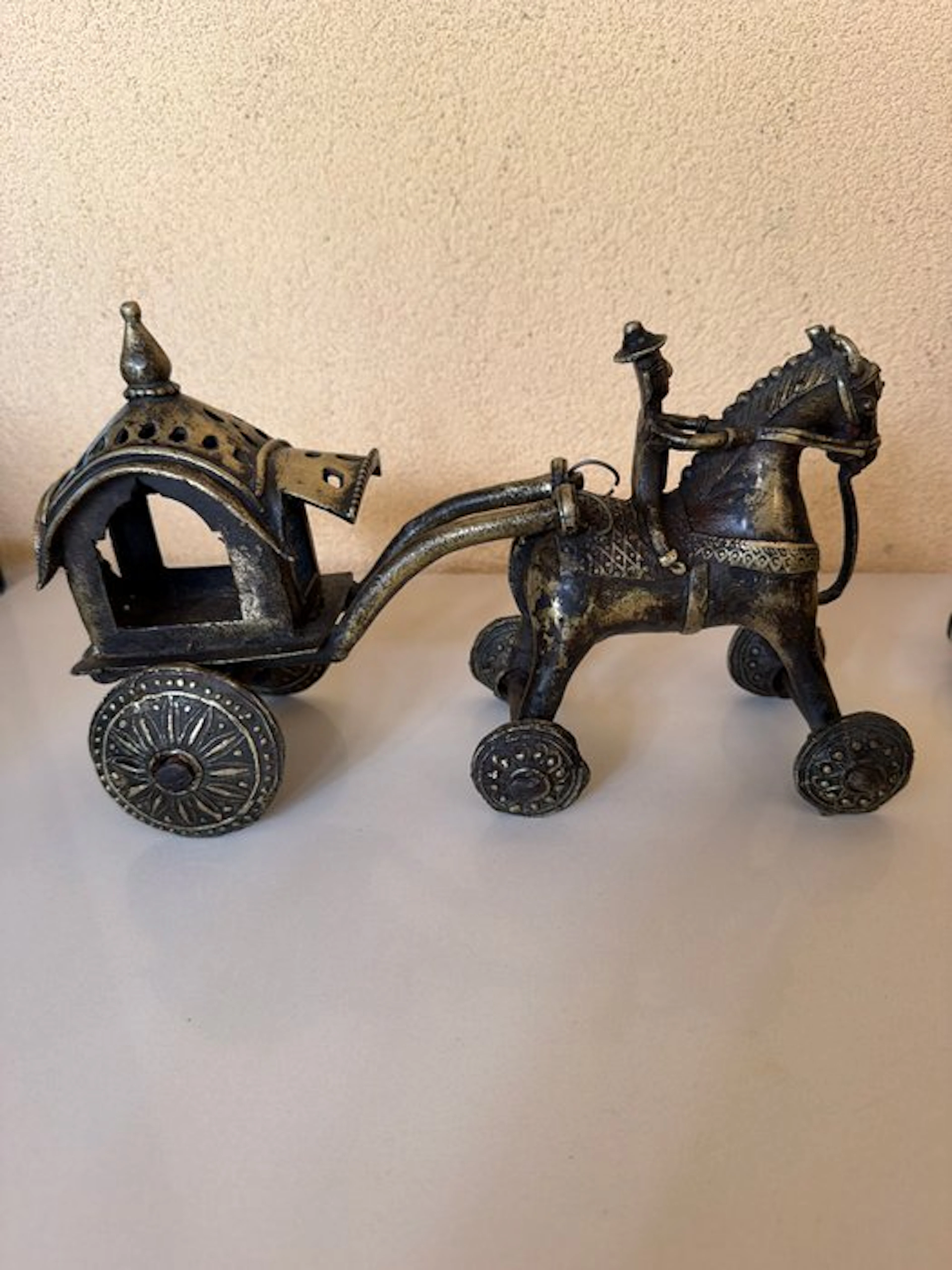 Rare and imposing temple chariot with horse and rider...
