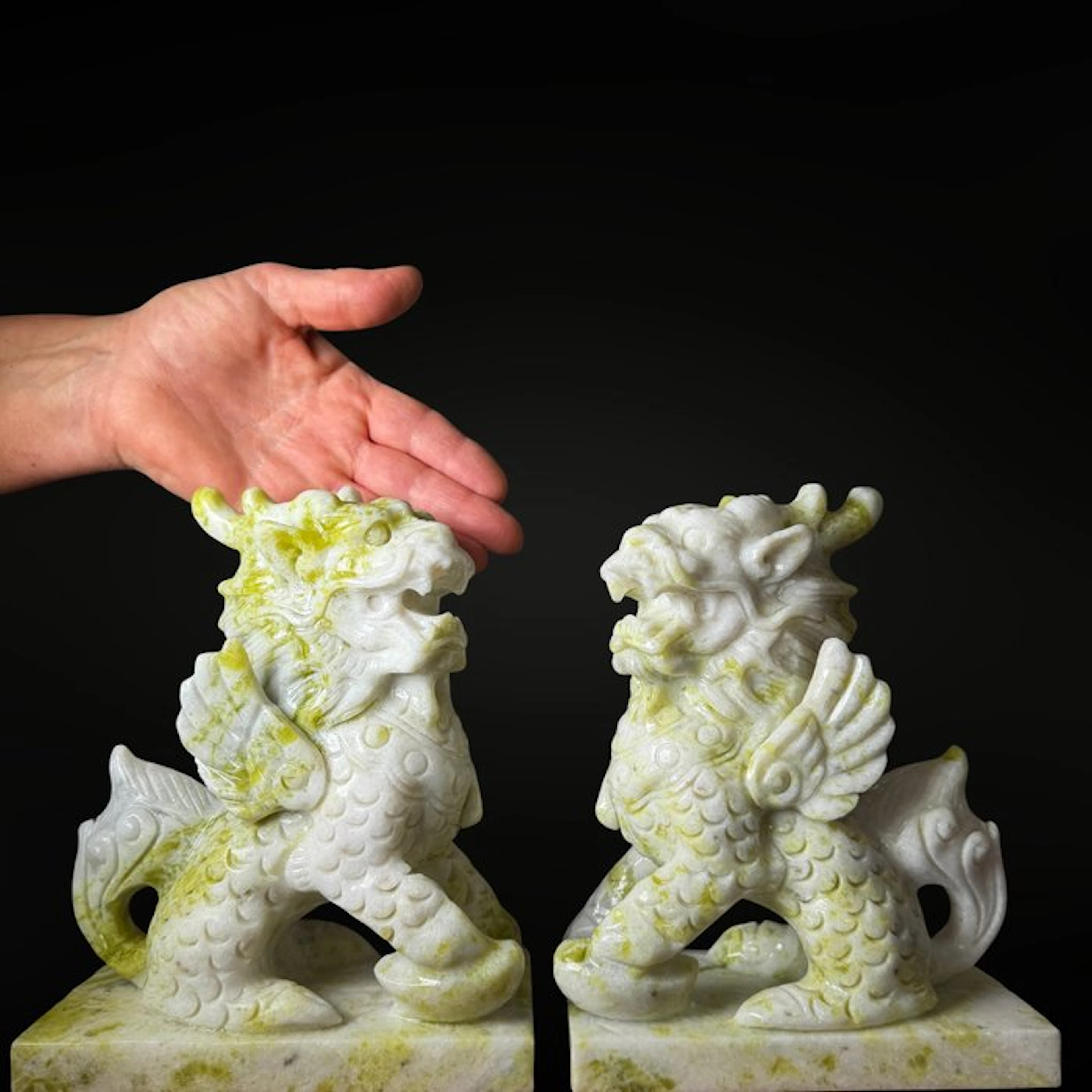 Chinese Imperial Guardian Lions in Lemon Jade XXL Carving...