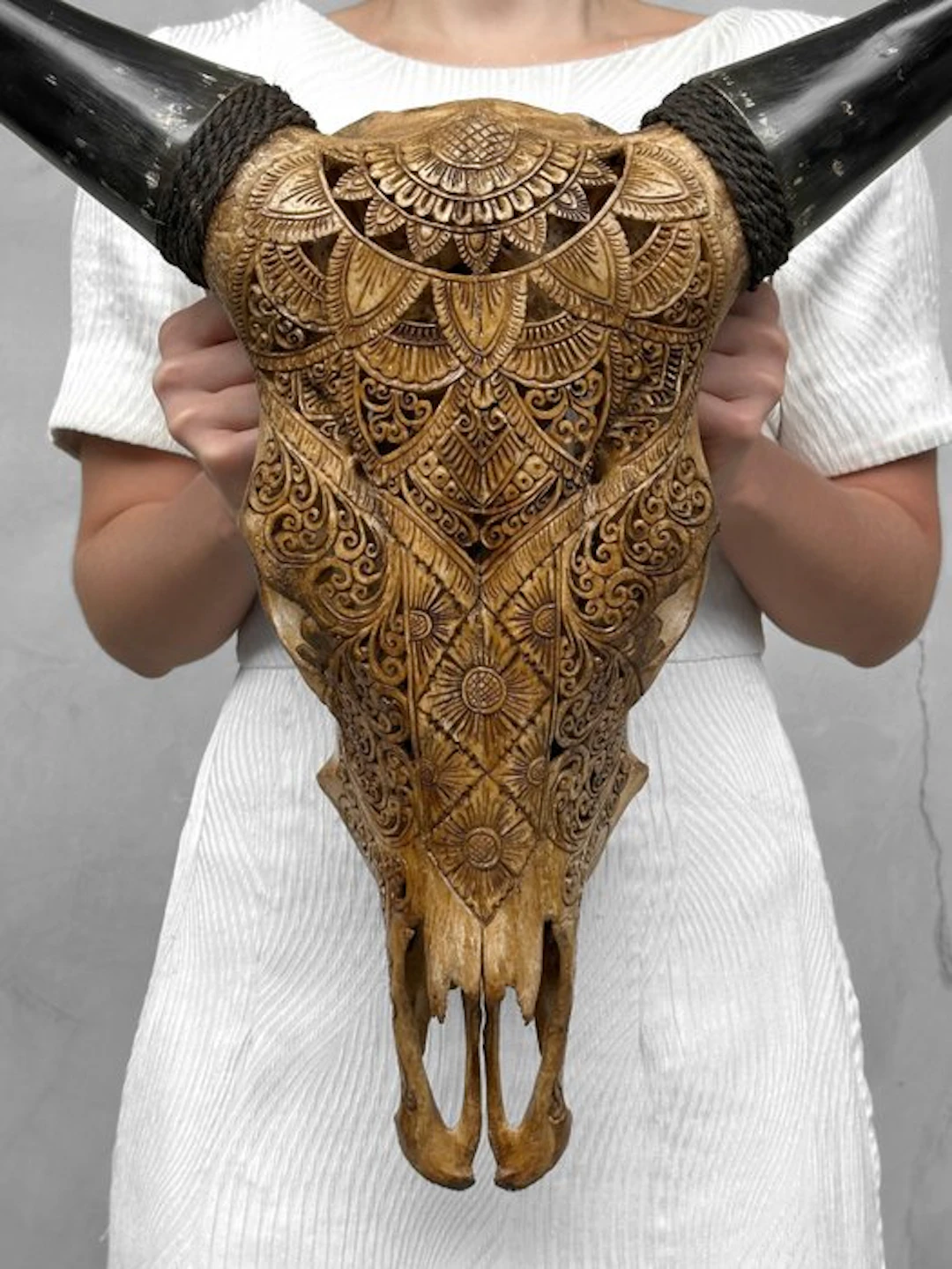 NO RESERVE PRICE - Authentic Hand Carved Brown Cow Skull...