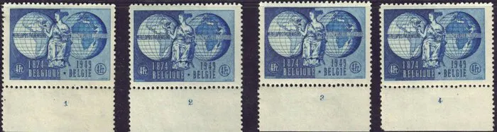 Belgium 1949 - 75th anniversary of the UPU with the four plate numbers ...