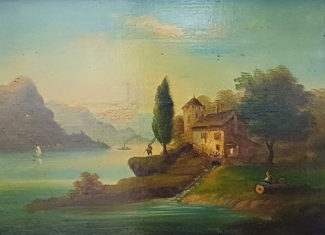 Italian school (XIX) - Veduta lacustre con viandanti
