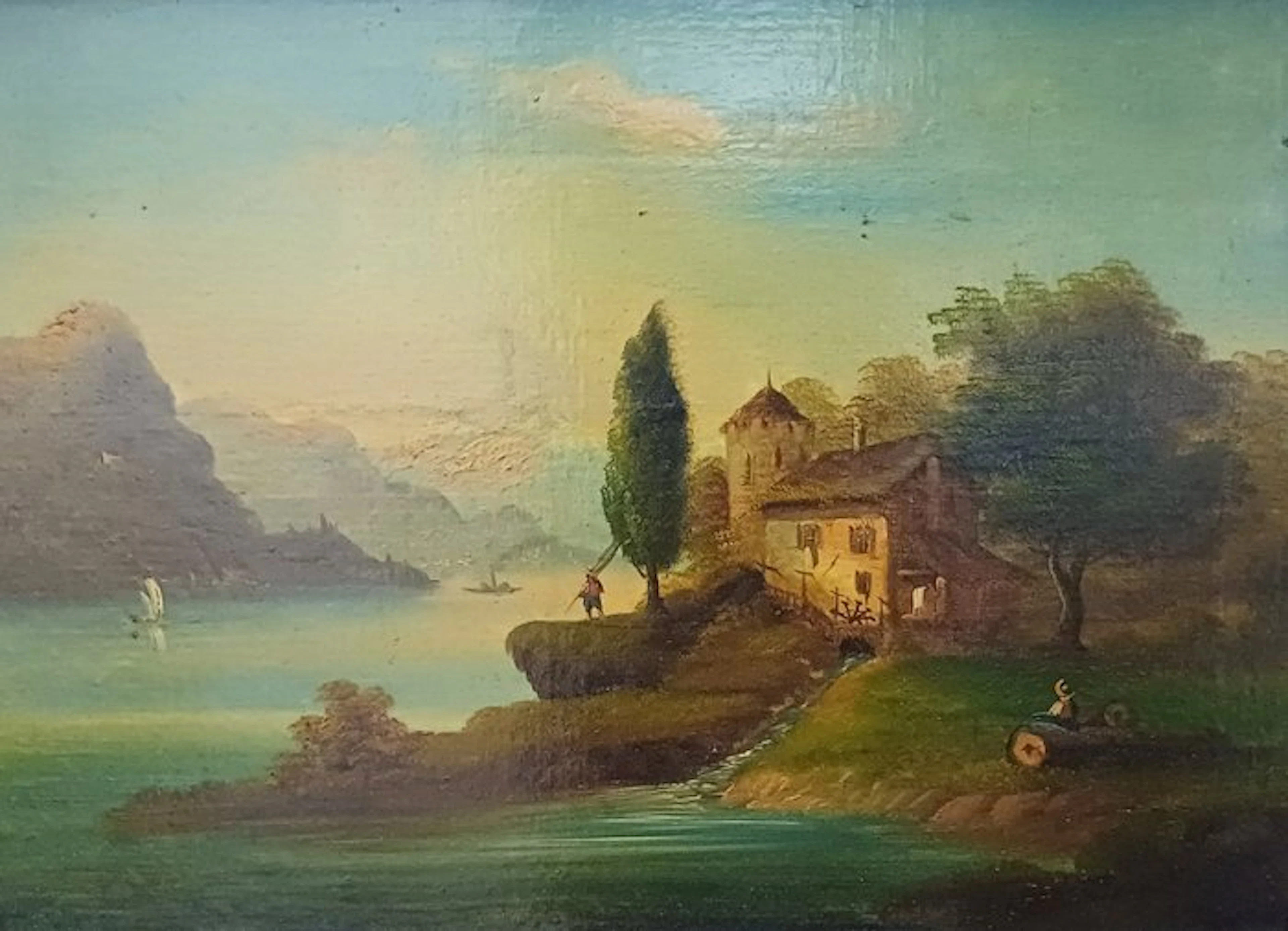 Italian school (XIX) - Veduta lacustre con viandanti