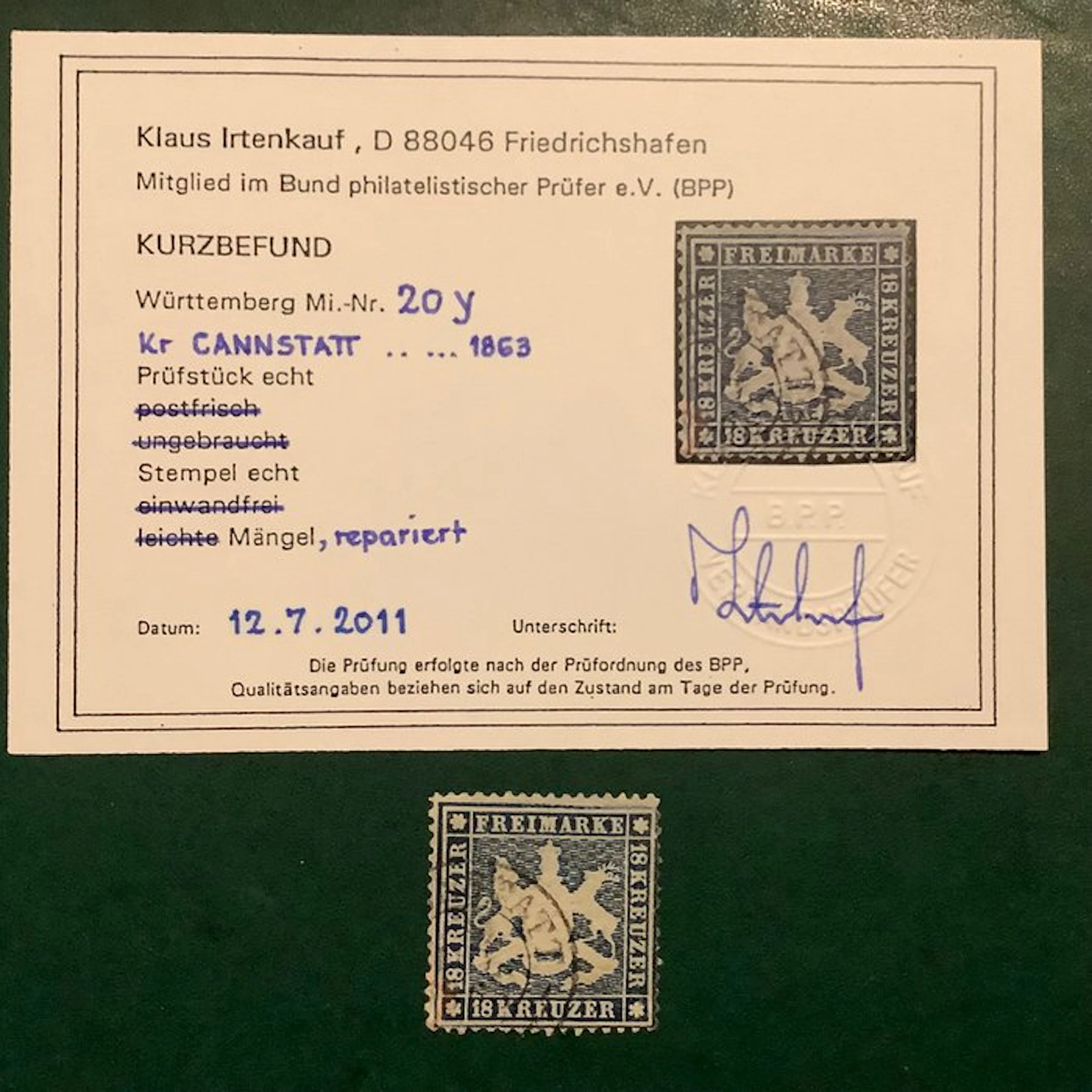 Württemberg 1861 - 18 kreuzer crest shield with report Irtenkauf - Michel 20 y