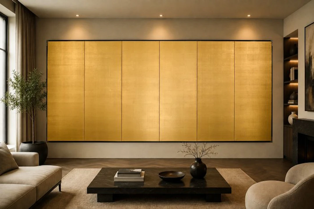 A Japanese golden silk six-panel byōbu (屏風) folding screen - Paper