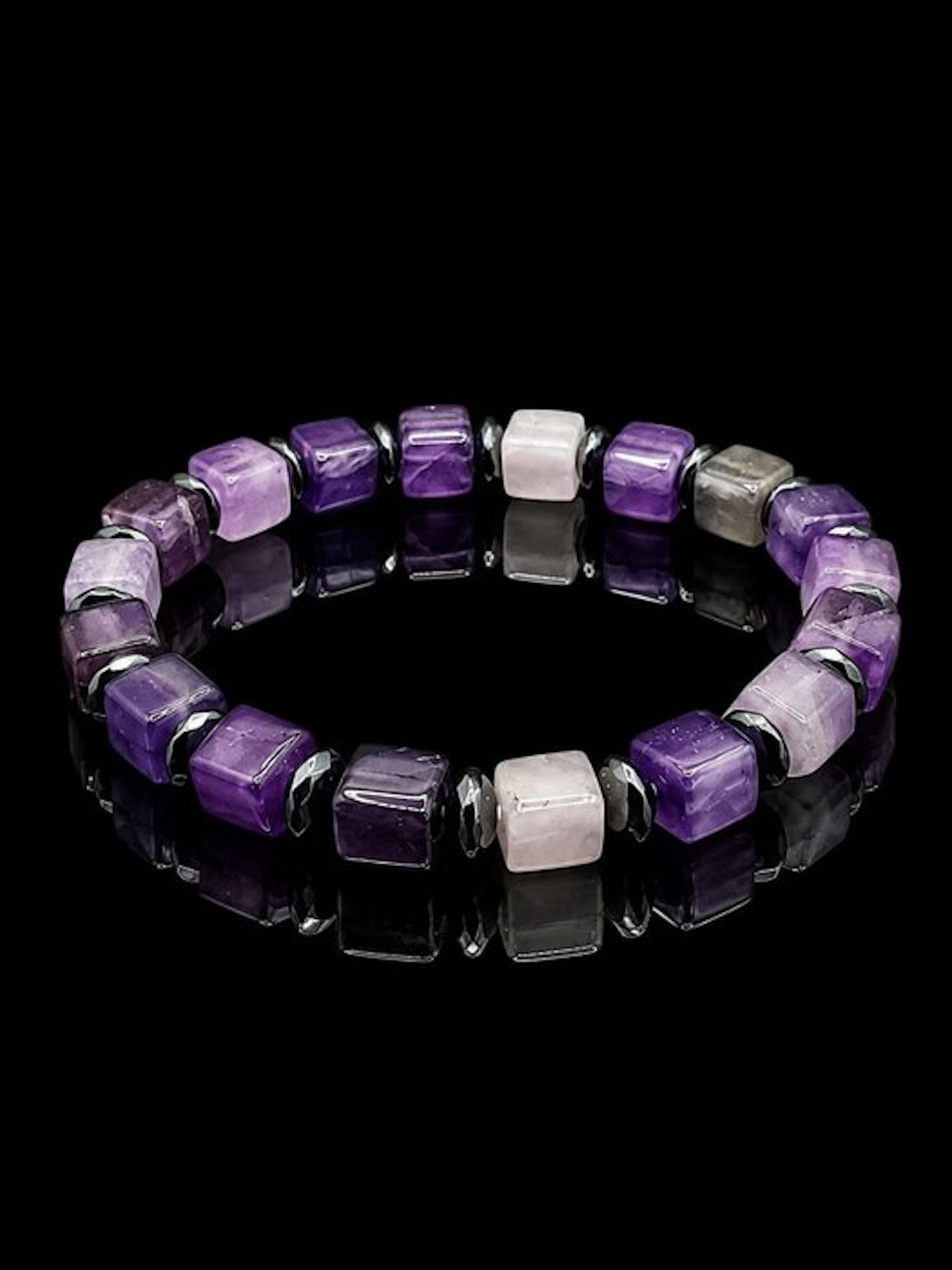 Exquisite Bracelet Made of Natural Cubic Amethyst and Premium-Quality Hematite
