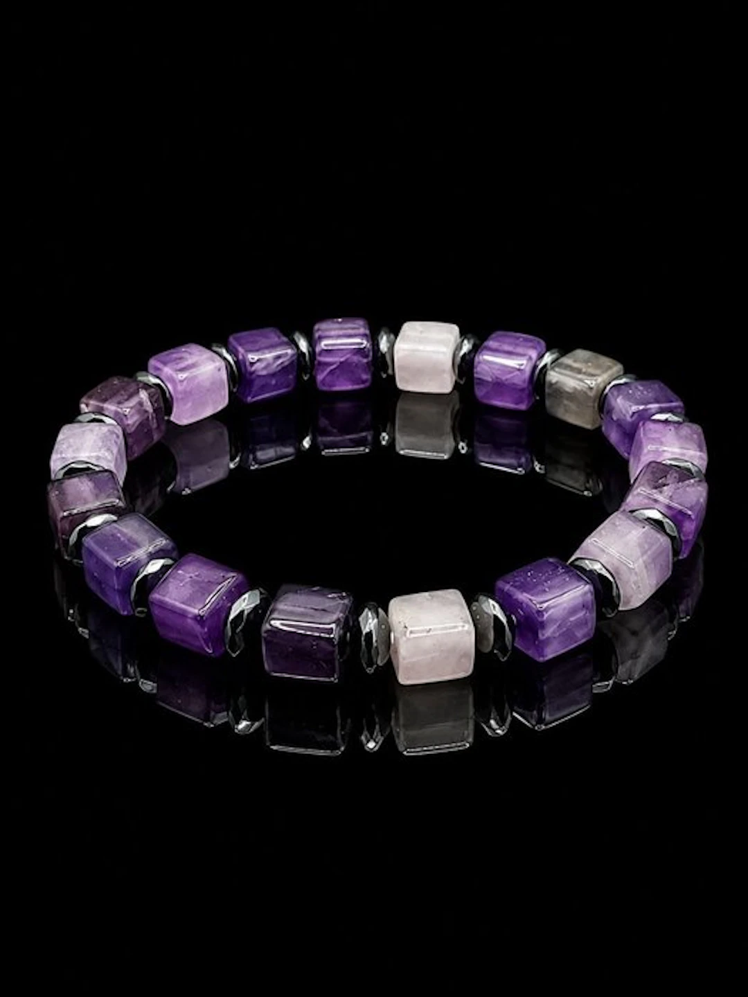 Exquisite Bracelet Made of Natural Cubic Amethyst and Premium-Quality Hematite