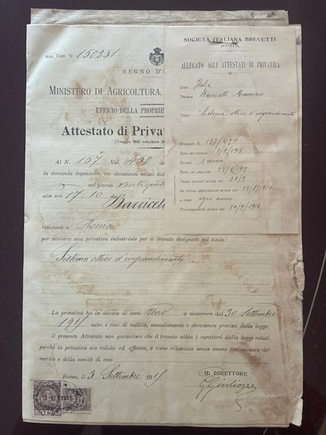 Italy - Document - Cimeli Storici 1915-1917 Brevetto...