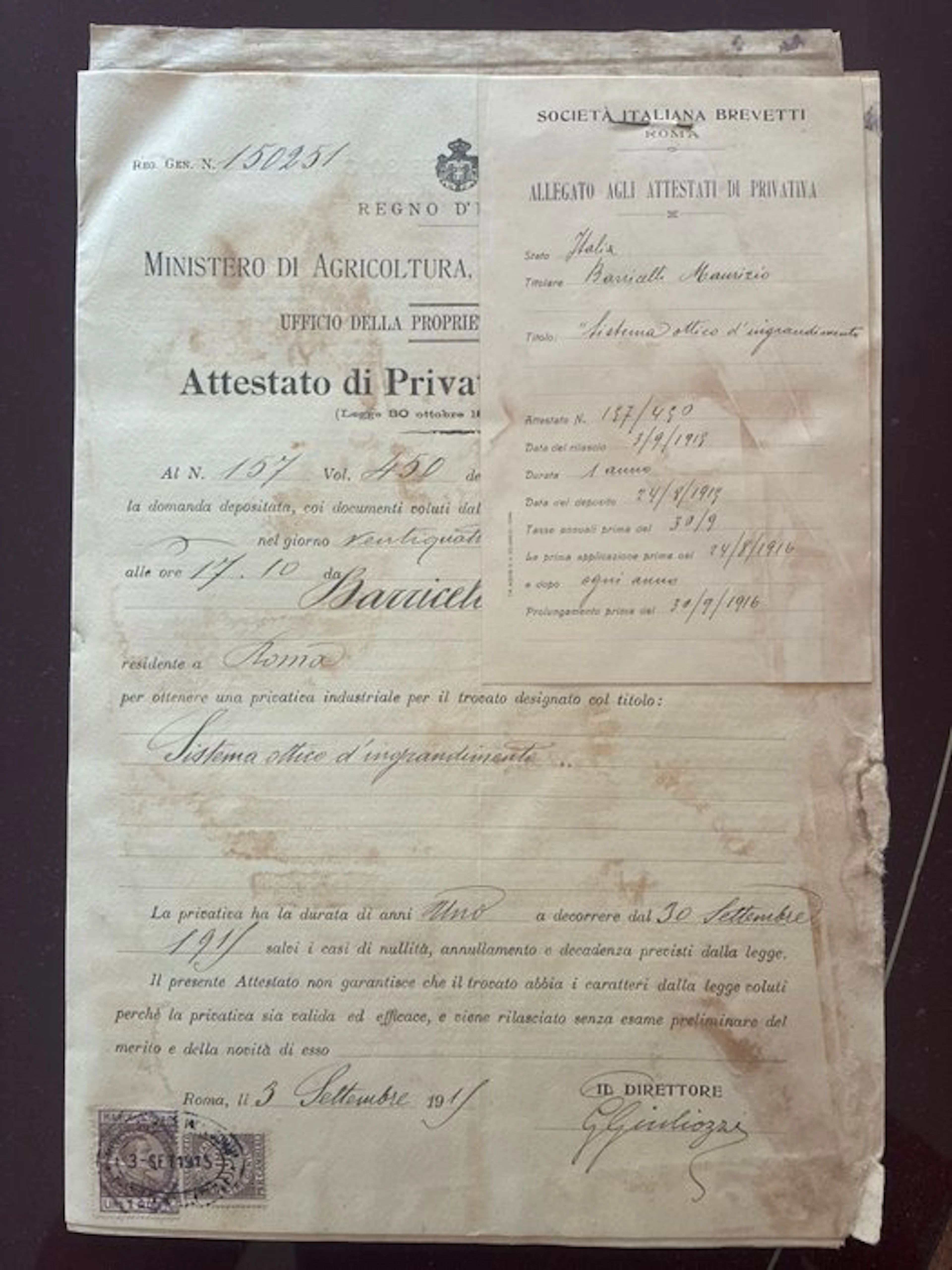 Italy - Document - Cimeli Storici 1915-1917 Brevetto...