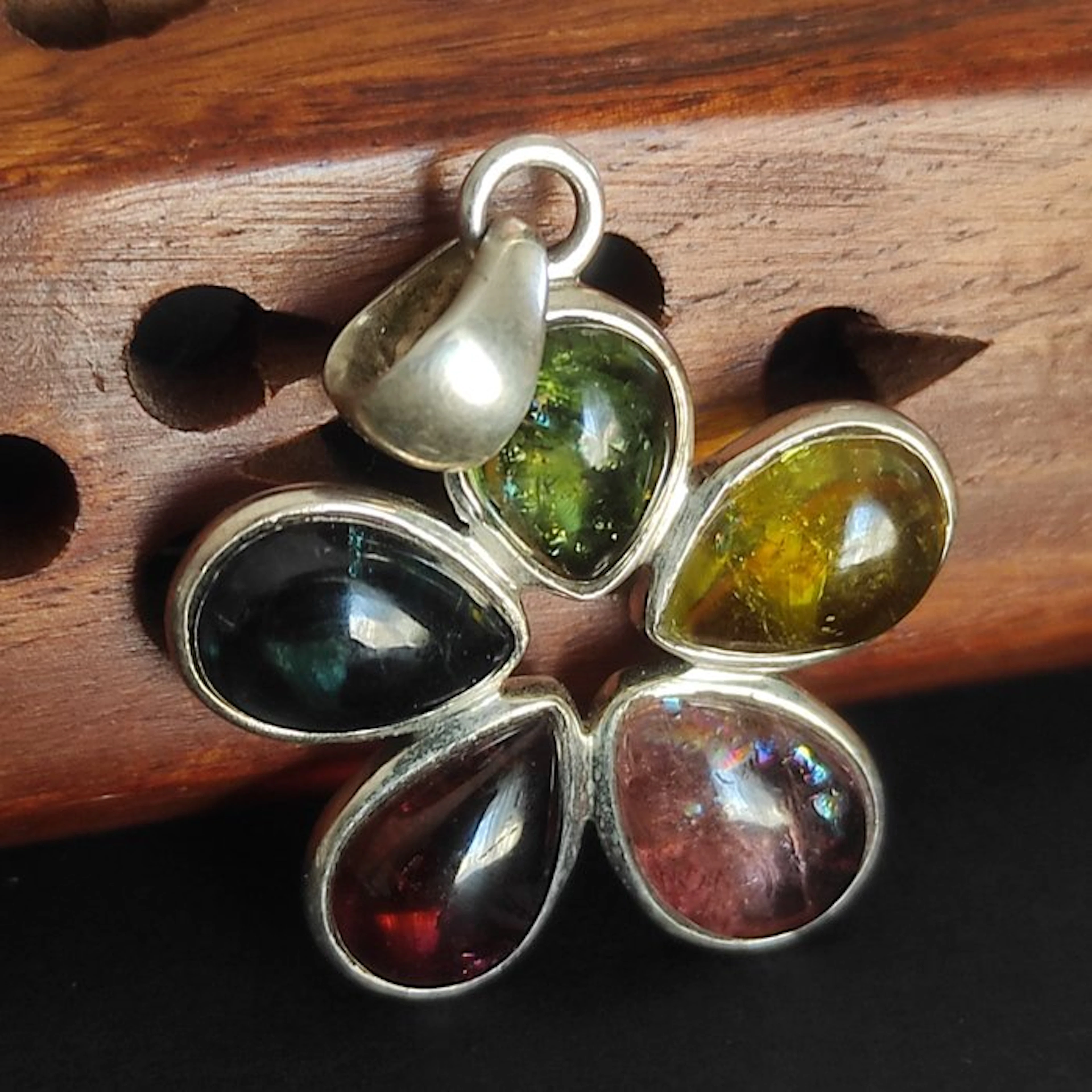 pink green yellow tourmaline Sterling silver pendant...