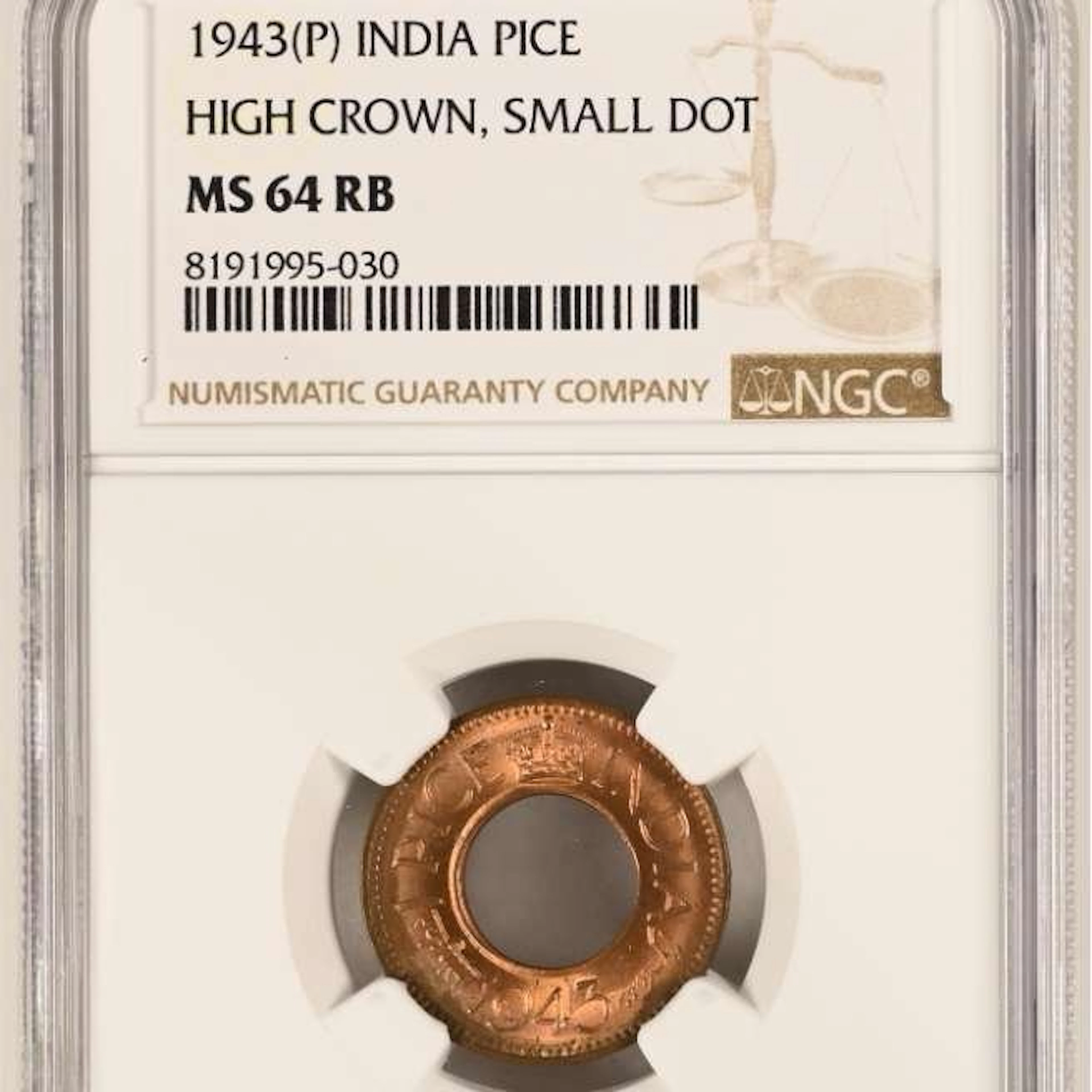 British India. George VI. 1 Pice 1943 (B) NGC MS64 RB (No reserve price)