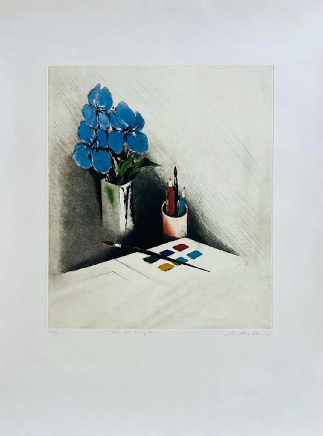 Annapia Antonini (1942) - Iris et crayons - Eau-forte originale signée