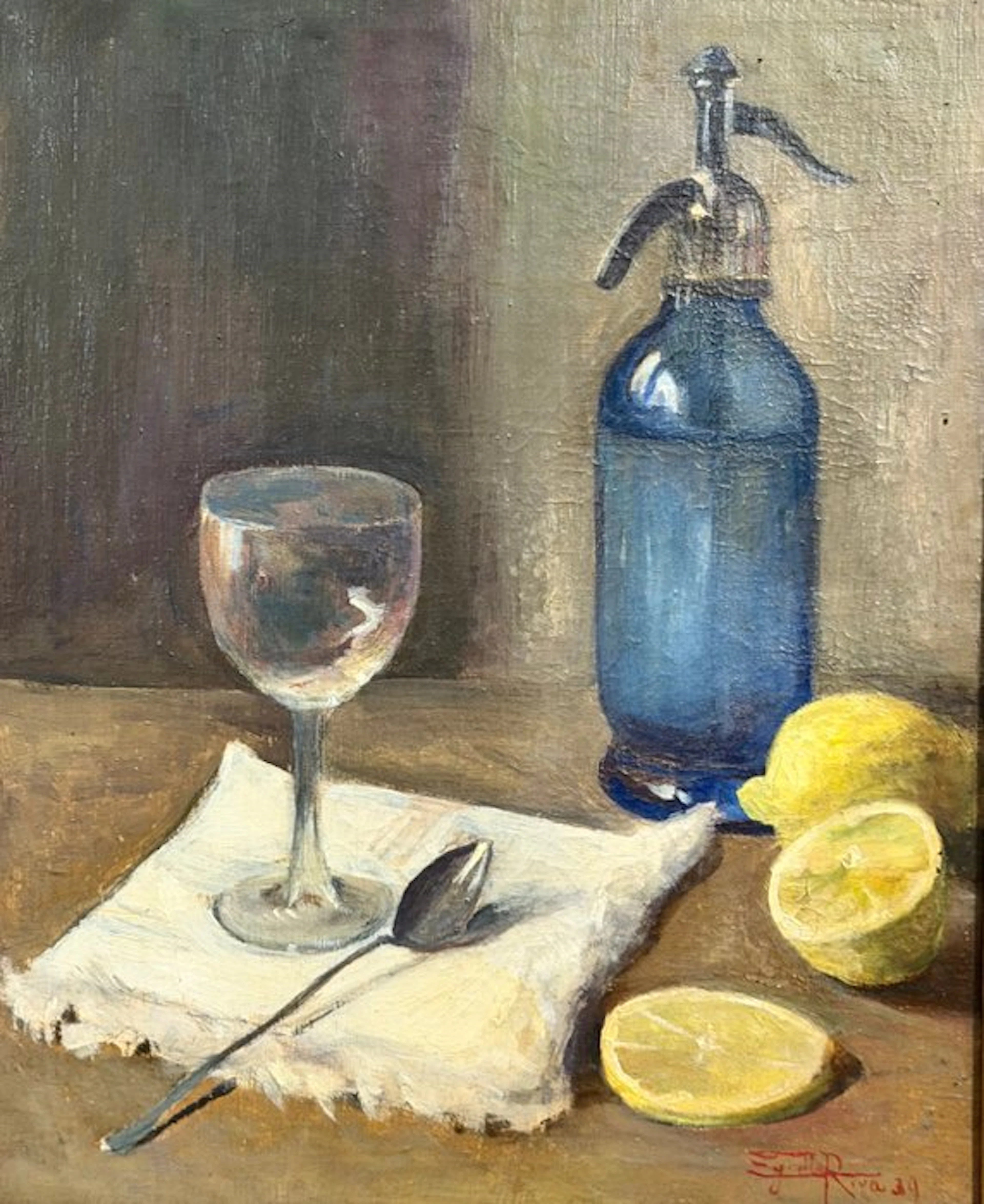 Egidio Riva (1866-1946) - Natura morta con sifone, bicchiere e limoni