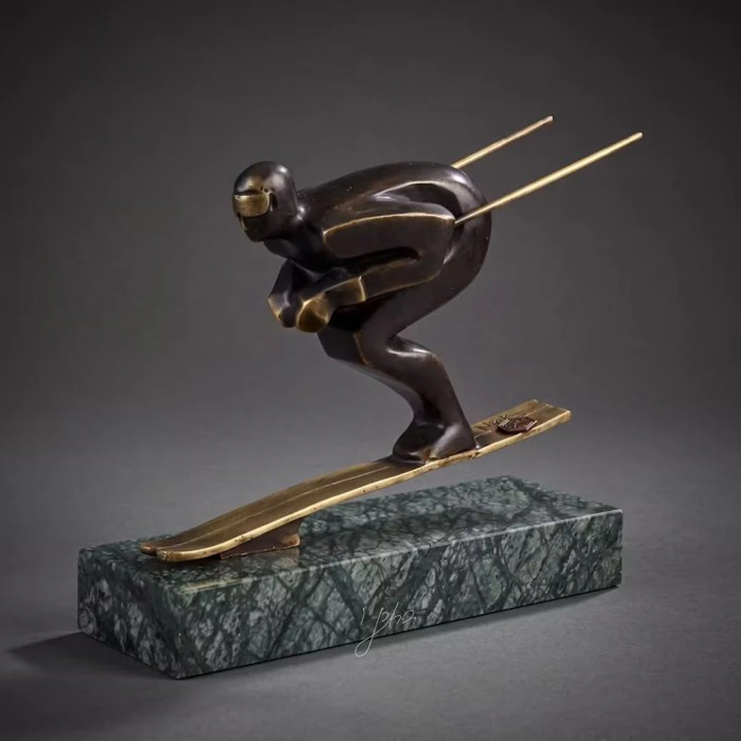 Statue, Bronzen sculptuur van een skiër. Naar: Nick - 20 cm - Bronze, Marble