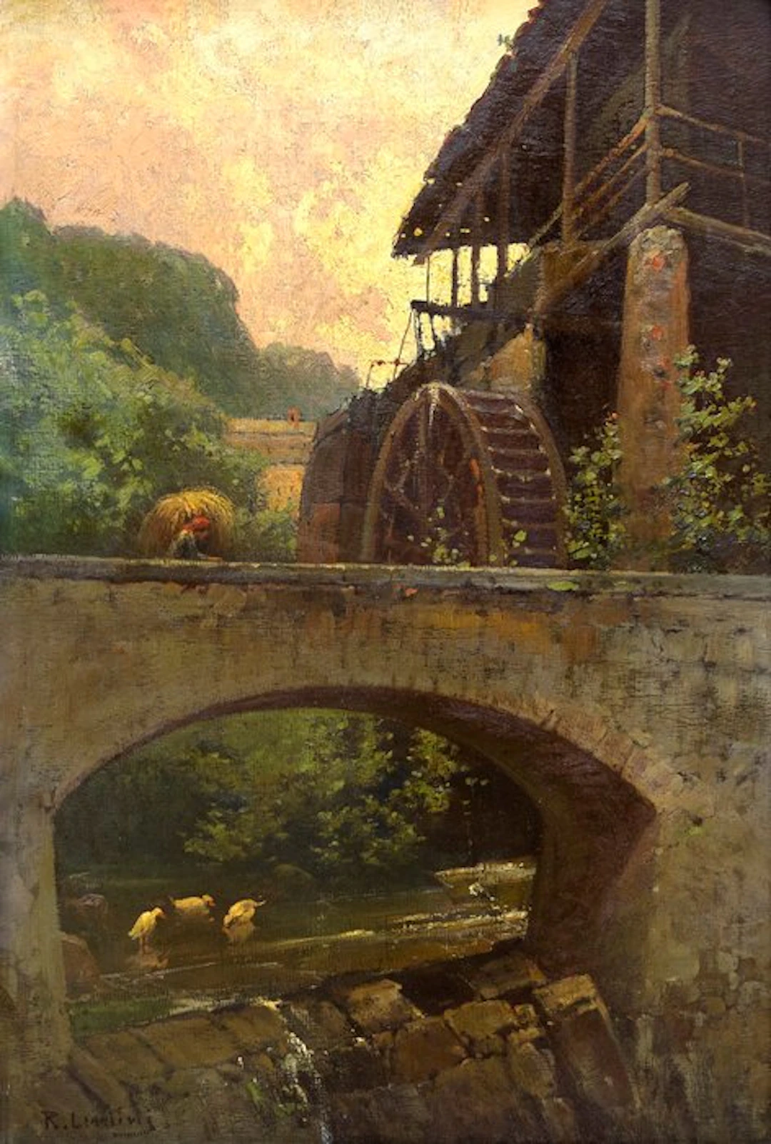 Rocco Lentini (1858–1943) - Paesaggio con scorcio rurale con mulino ad acqua