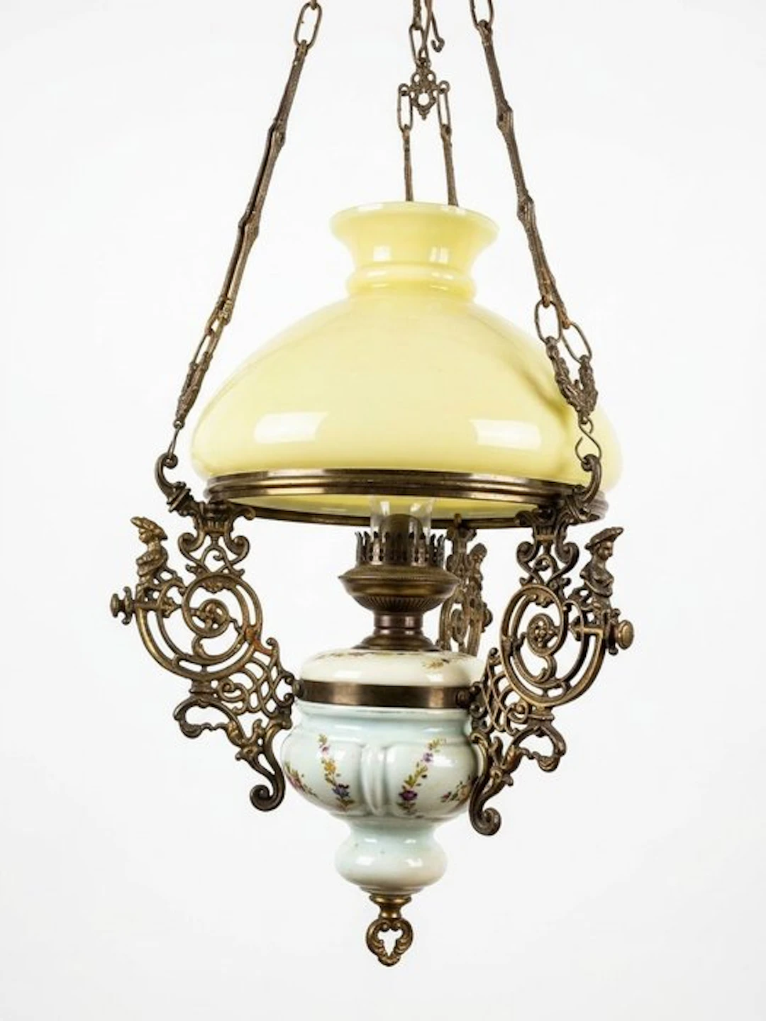 Oil lamp - Uranium glass, Brass, Hard porcelain