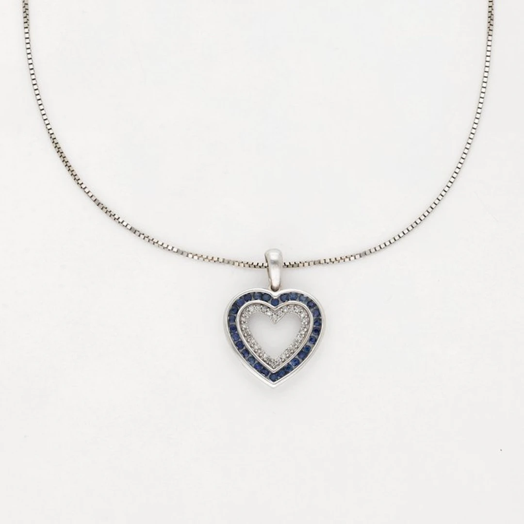 Necklace with pendant - 18 kt. White gold - Diamond - Saffier - Hart