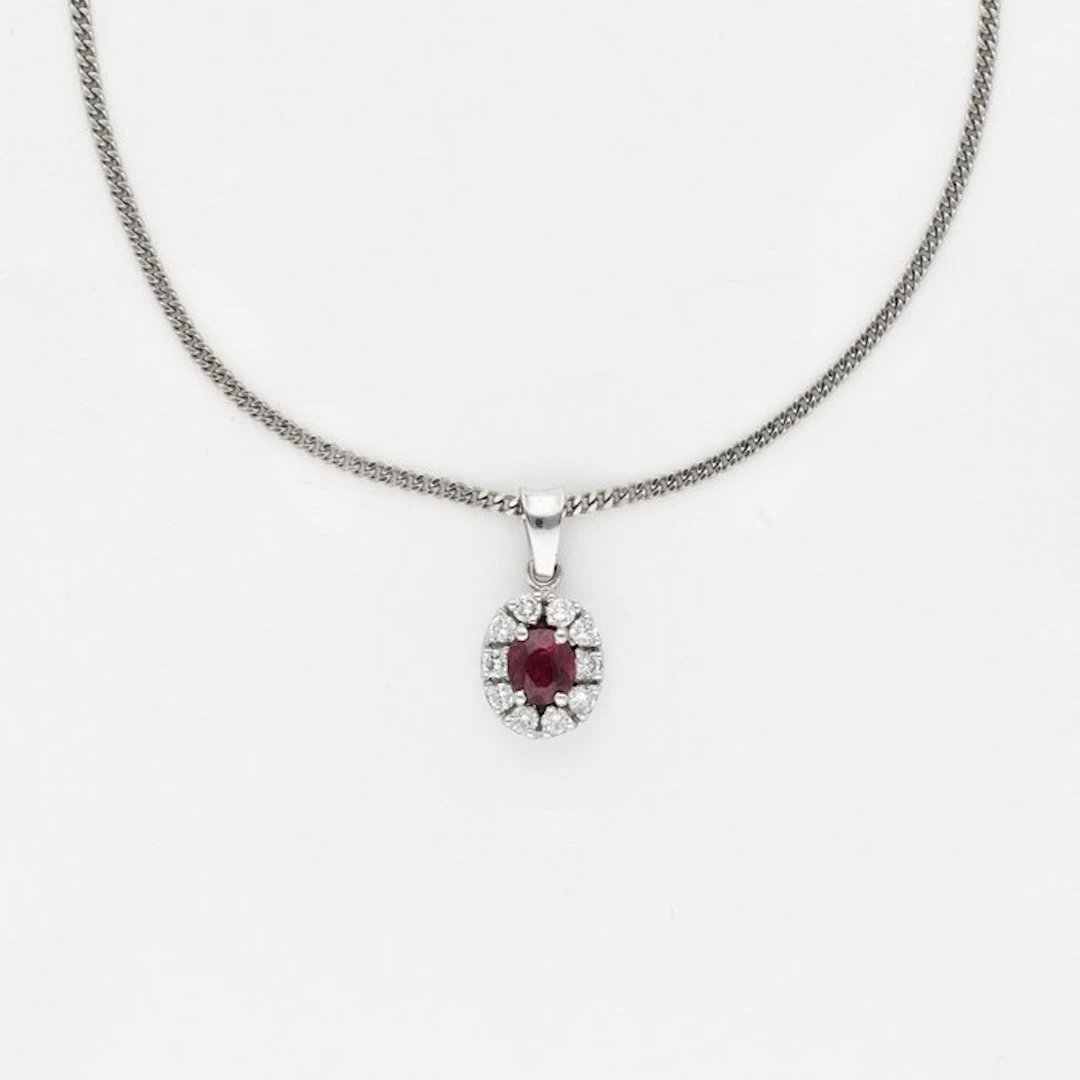 Necklace with pendant - 18 kt. White gold - Diamond - Ruby