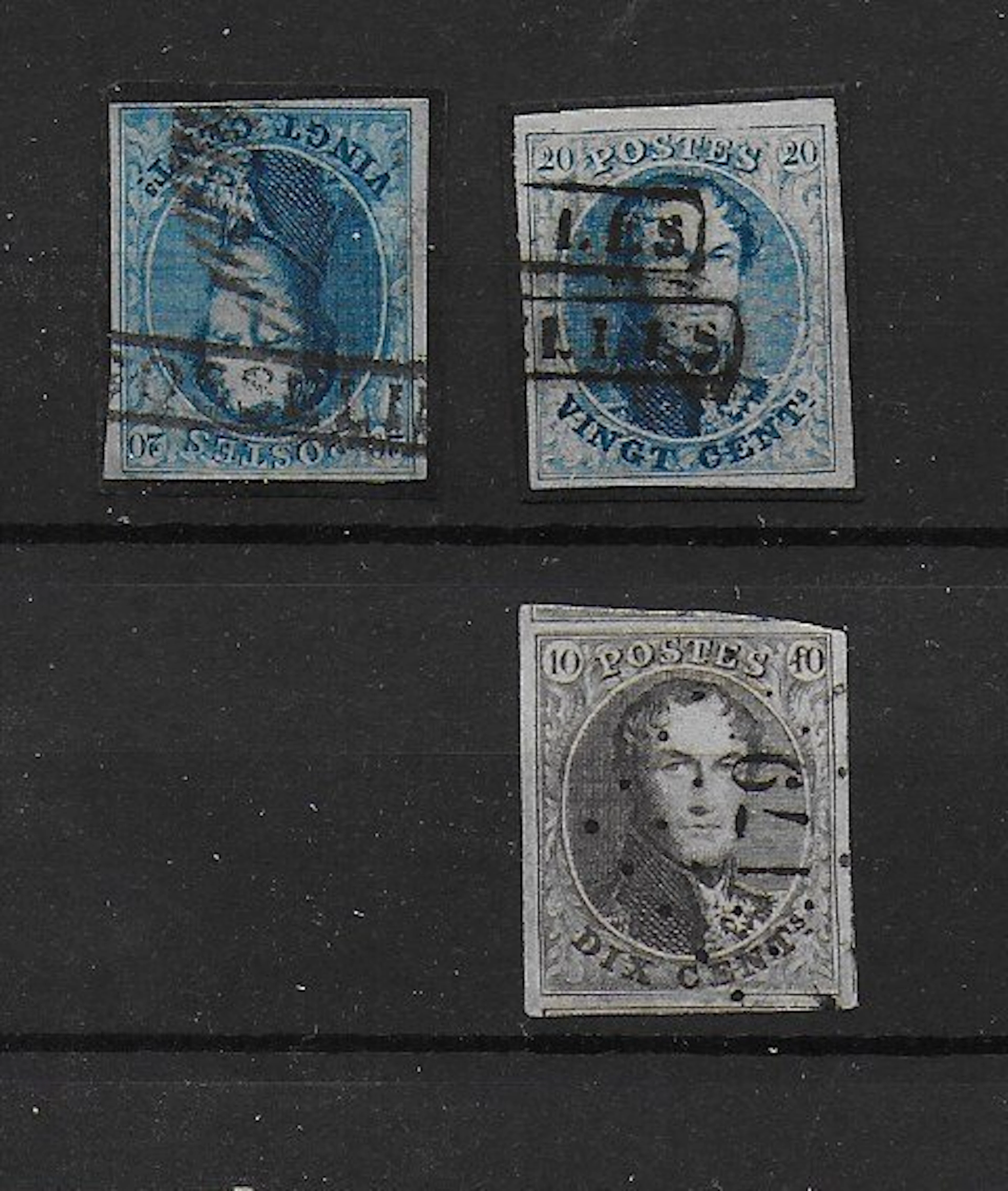Belgium 1860 - 3 classic stamps of the medallion type with special cancellation
