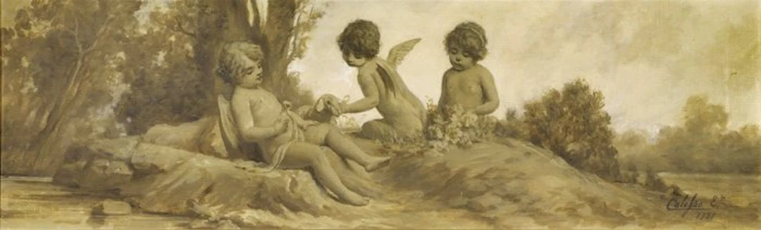 Edoardo Calosso (1856-1923) - Putti in un paesaggio - cm 37 x 109