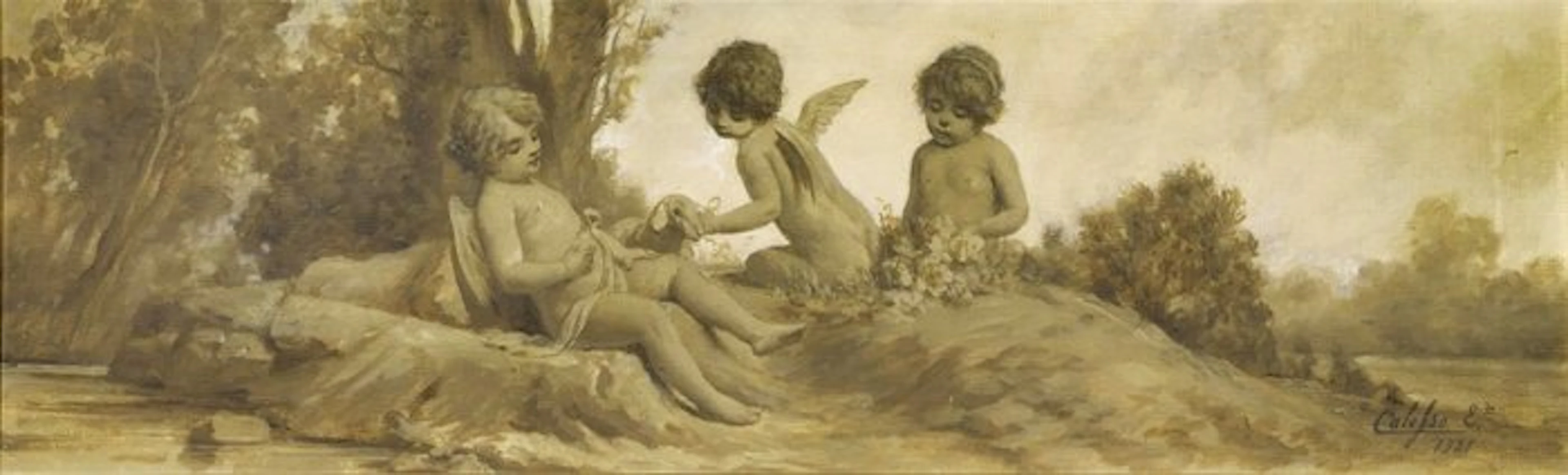 Edoardo Calosso (1856-1923) - Putti in un paesaggio - cm 37 x 109