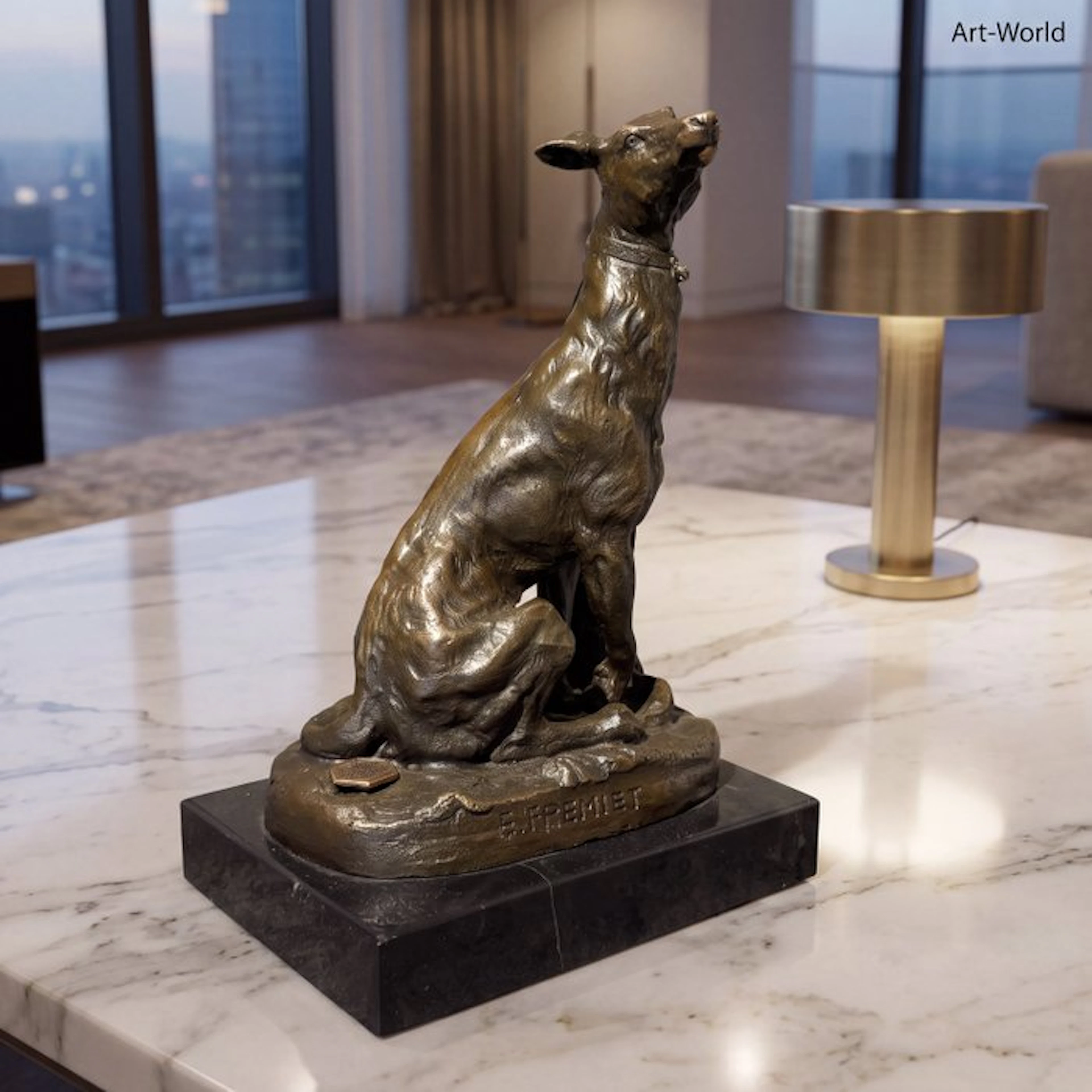 Statue, Naar E. Fremiet: Zittende windhond aan riem - 18 cm - Bronze, Marble