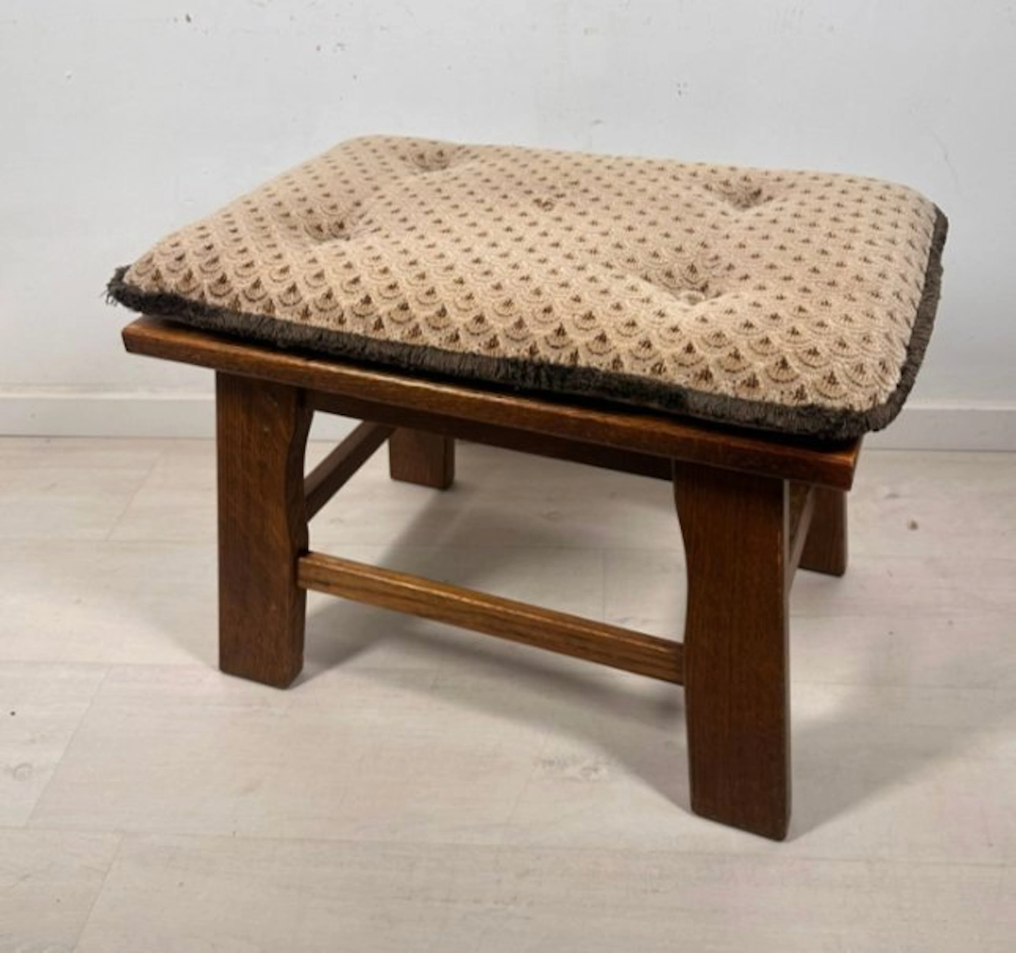 Stool - Solid Oak Upholstered Stool with Original Fixed Cushion - Wood, Textile