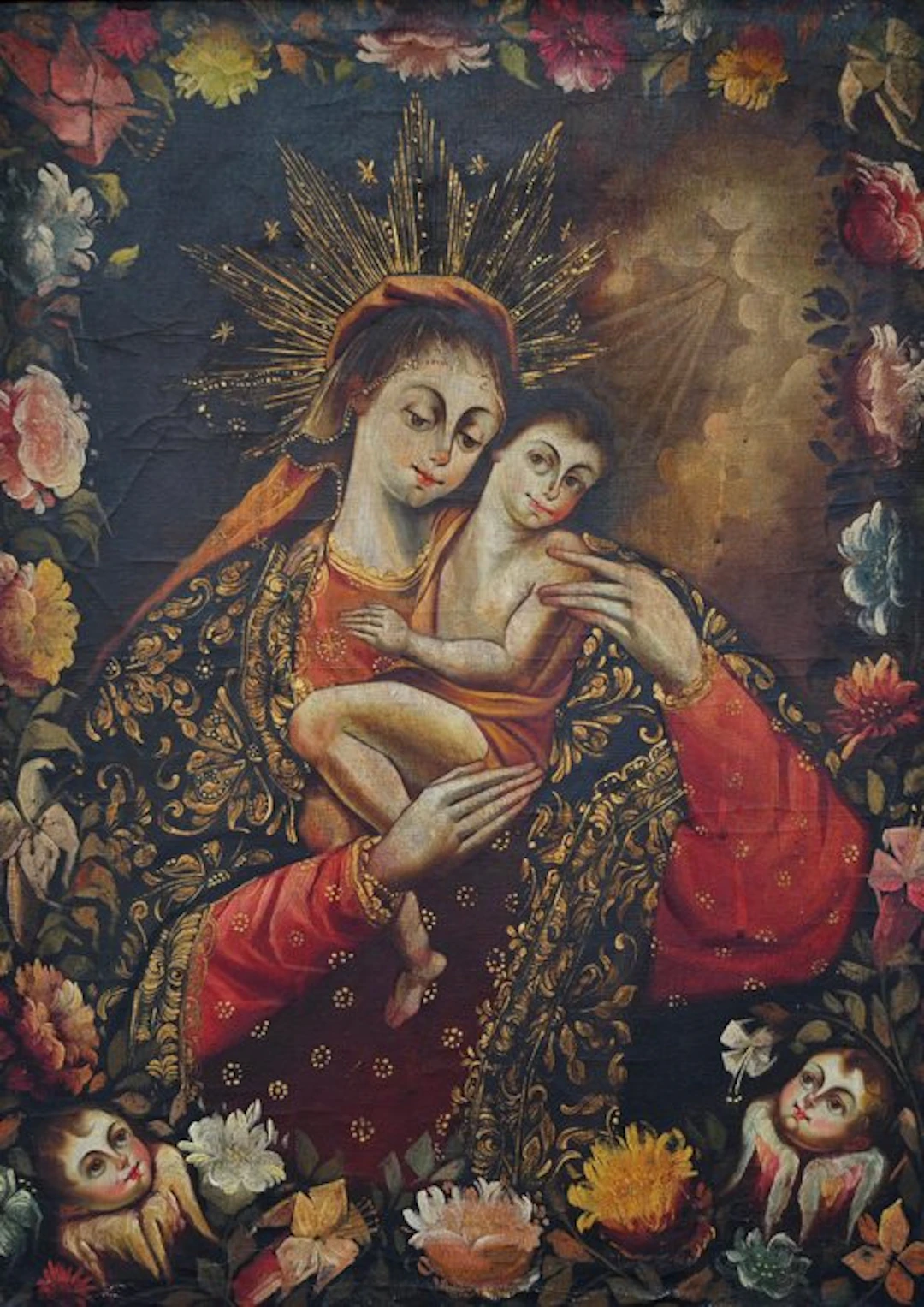 École de Cuzco (XVIII-XIX) - Vierge à l’Enfant entourée de fleurs