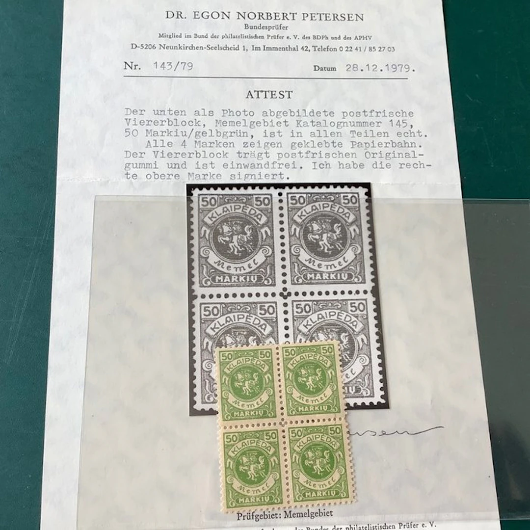 Memel 1923 - Klaipėda: 50 markių in a block of four with...