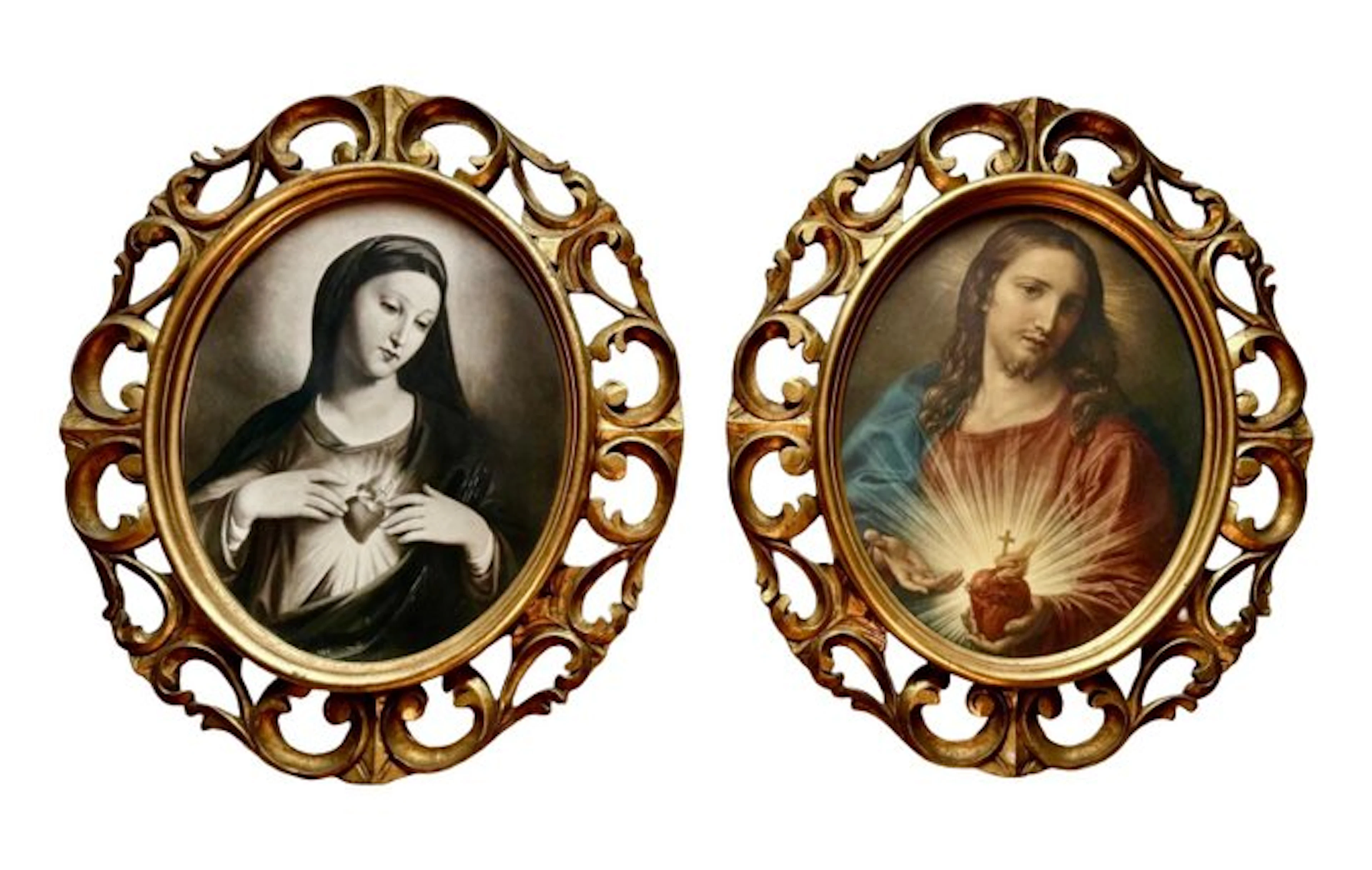 Frame - Wood - Pair of paintings - Sacred Heart of Jesus...
