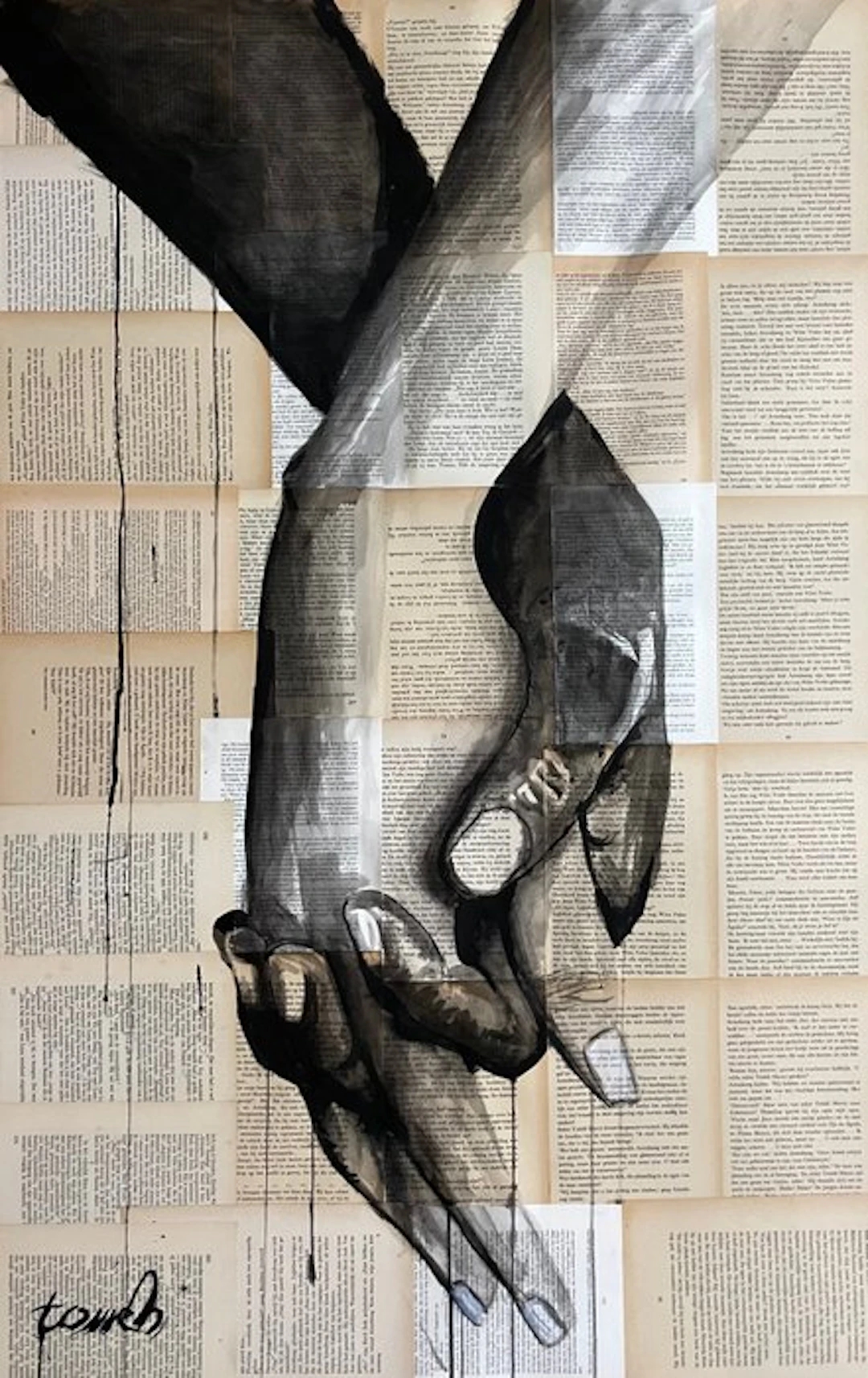 TOMEH - “Hold” – XL Original Painting – Ink and Acrylic on Vintage Book Pages .