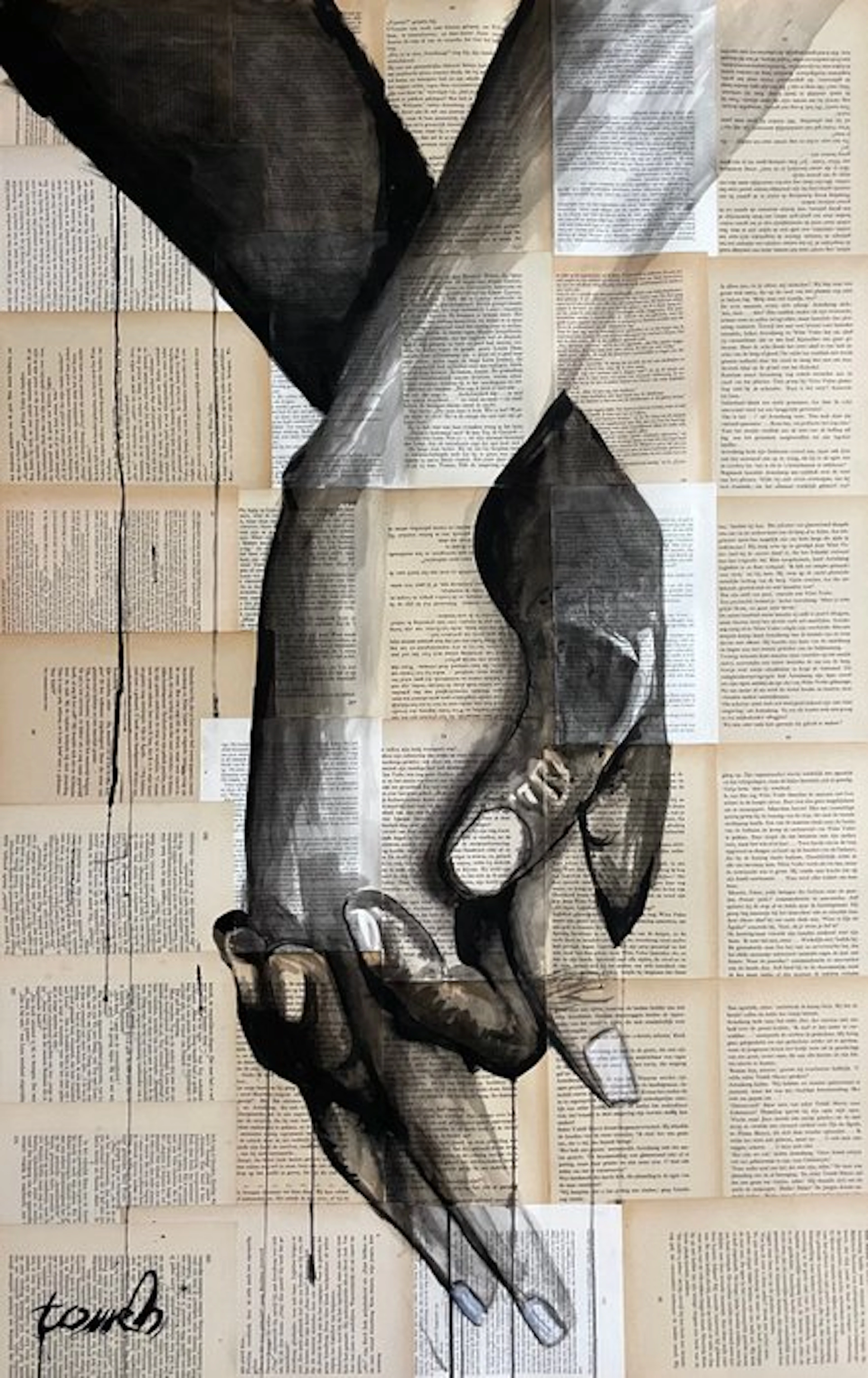 TOMEH - “Hold” – XL Original Painting – Ink and Acrylic on Vintage Book Pages .
