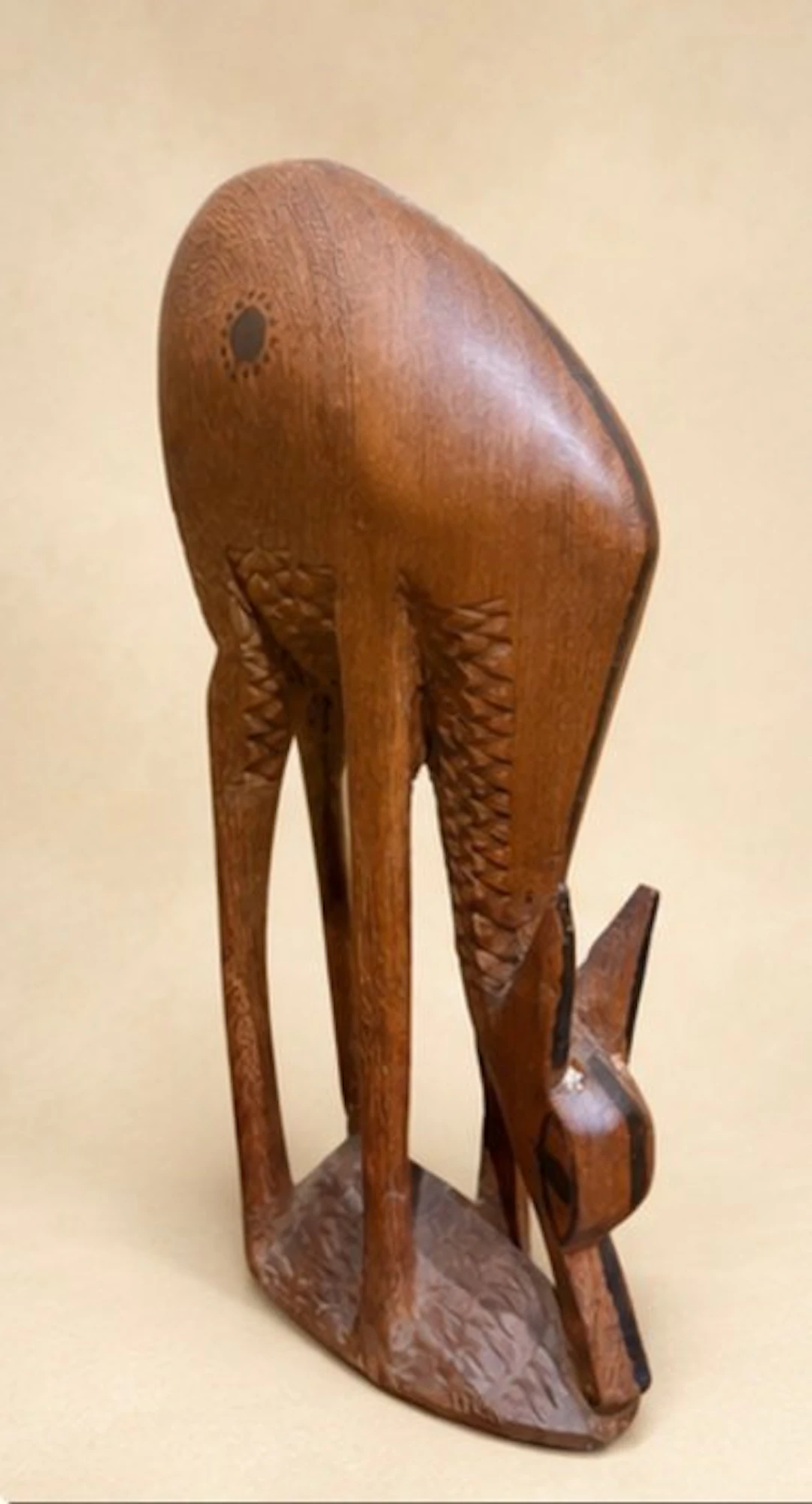 Figure - Hand-Carved African Wooden Grazing Antelope Sculpture - Wood
