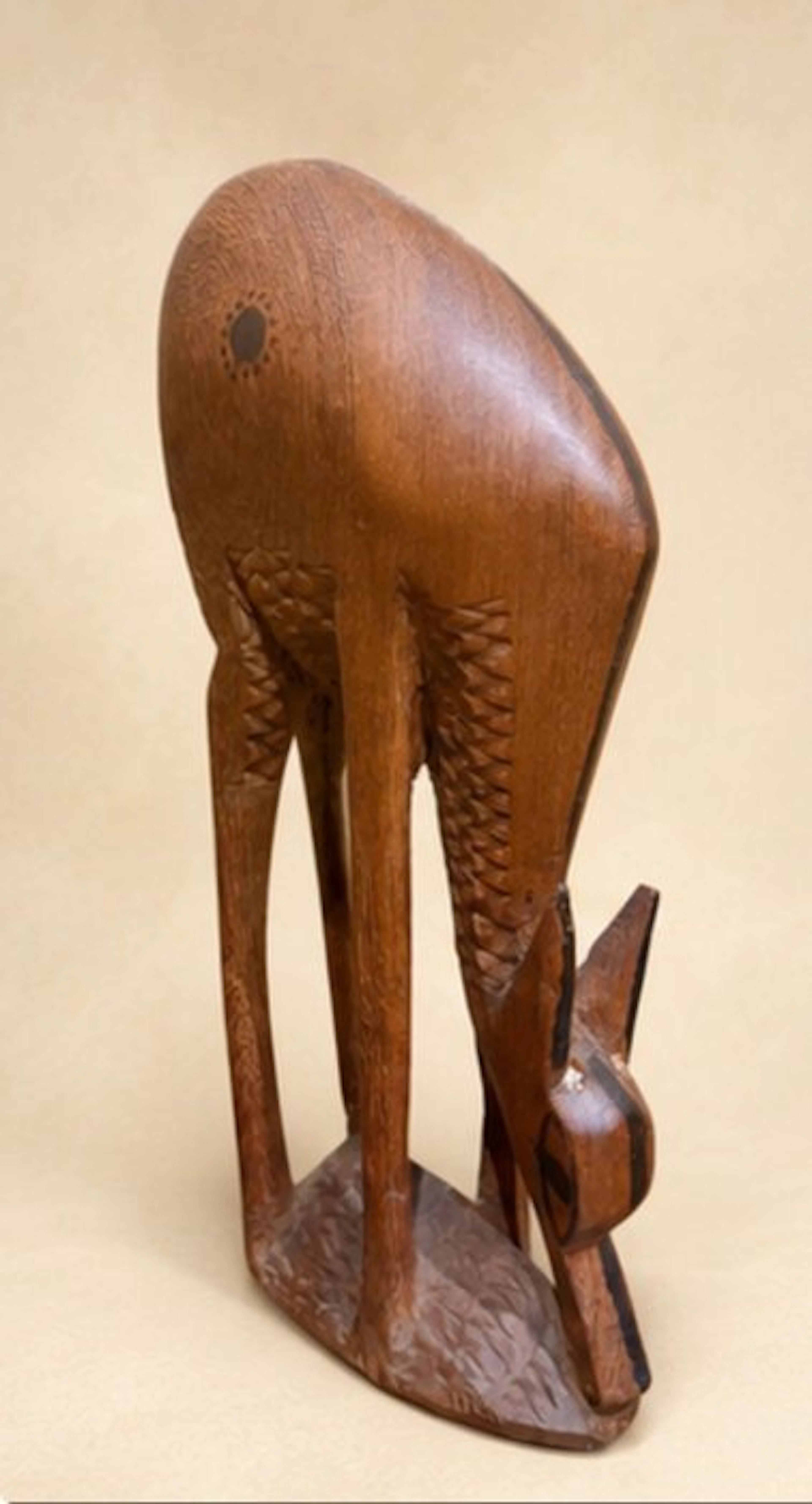 Figure - Hand-Carved African Wooden Grazing Antelope Sculpture - Wood