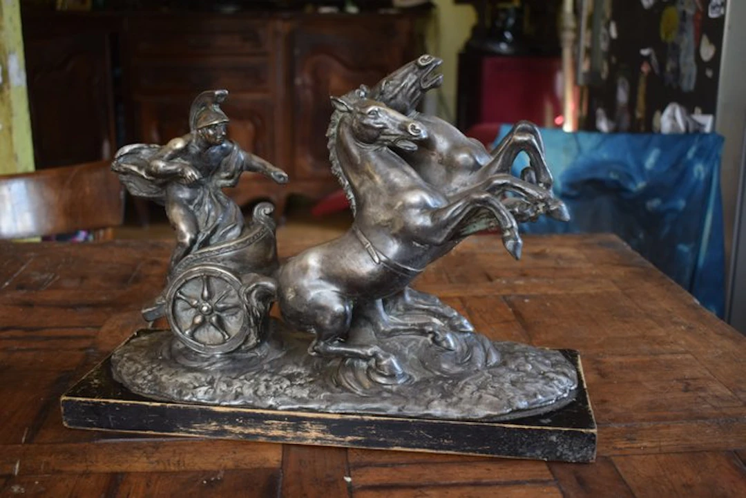 A. Garnier - Sculpture, biga romana - 32 cm - Silverplated