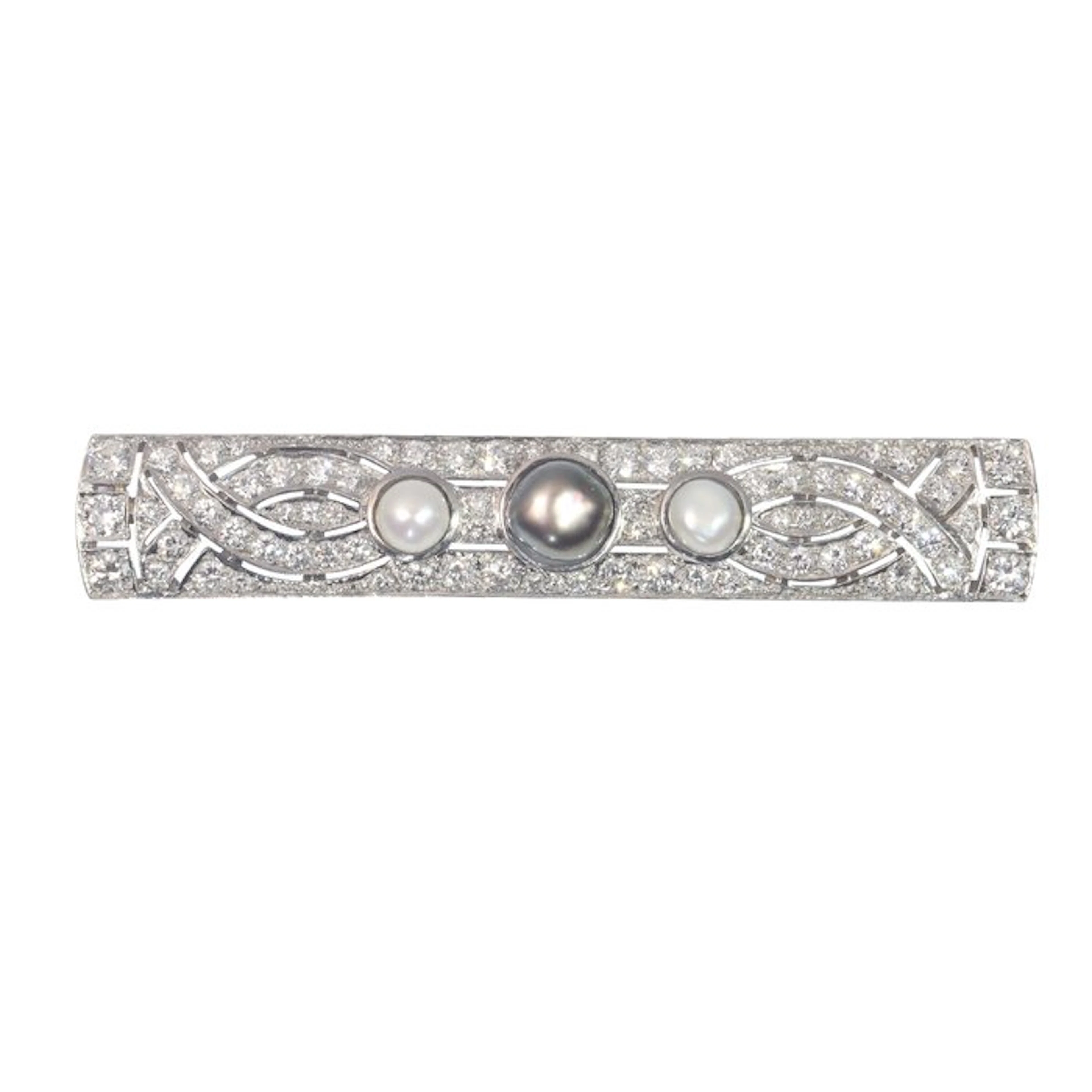 Brooch Platinum - 3.28ct. tw. Diamond (Natural) - Pearl - Art Deco, 1950