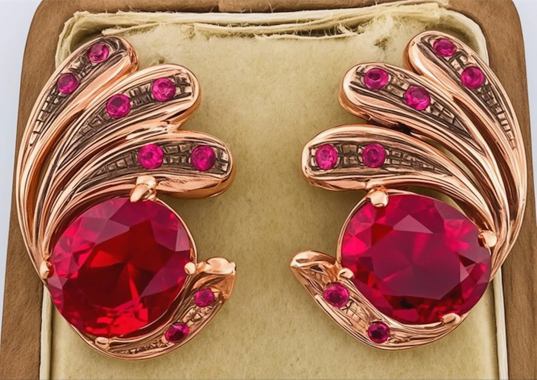No reserve price - Earrings - 9 kt. Rose gold, Silver Ruby - Ruby